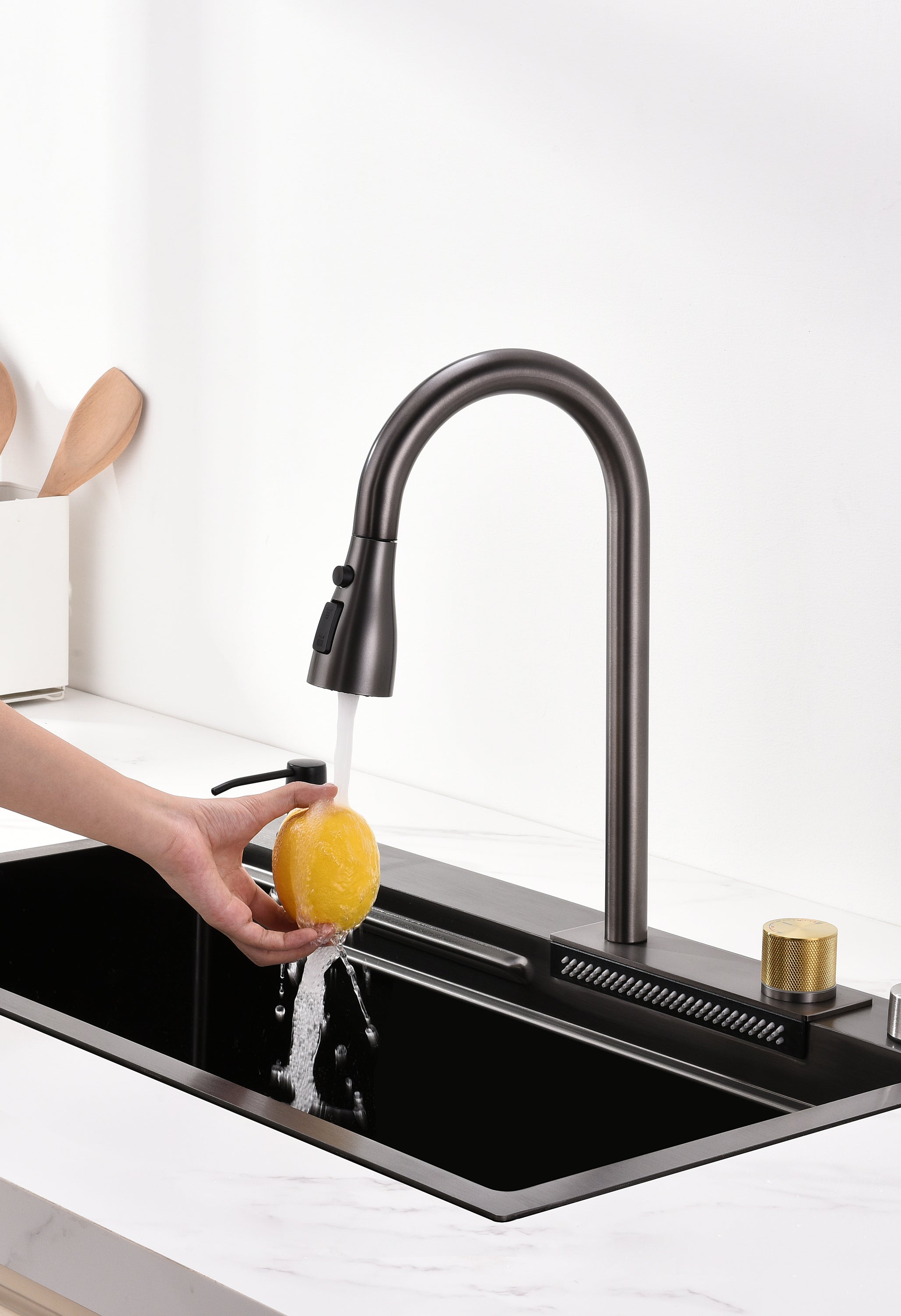 Waterfall Kitchen Sink, Stainless Steel Single Bowl in Black, Multifunctional Workstation with Flying-rain Faucet and Cutting Board, 30×18″ Stainless Steel Single Bowl Sink, LS-SSBL05