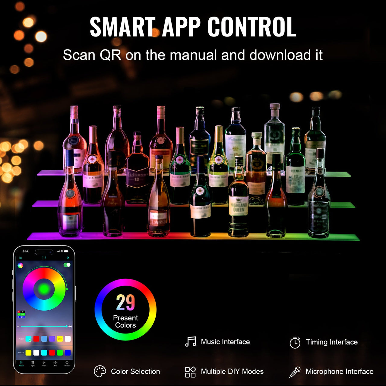 LED Lighted Liquor Bottle Display Bar Shelf RF & App Control 48' 3-Step