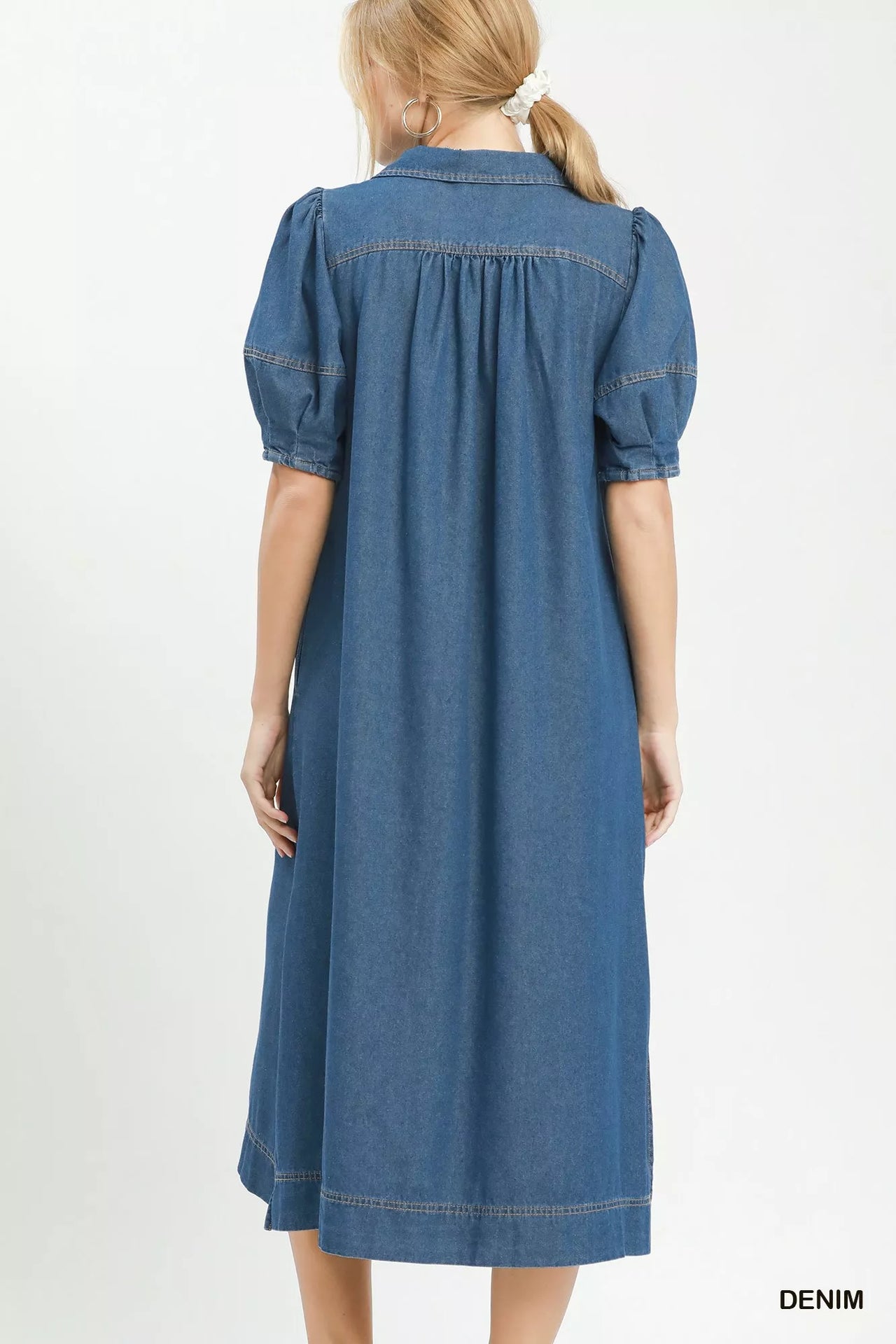 Umgee Chambray Collared Puff Sleeve Dress