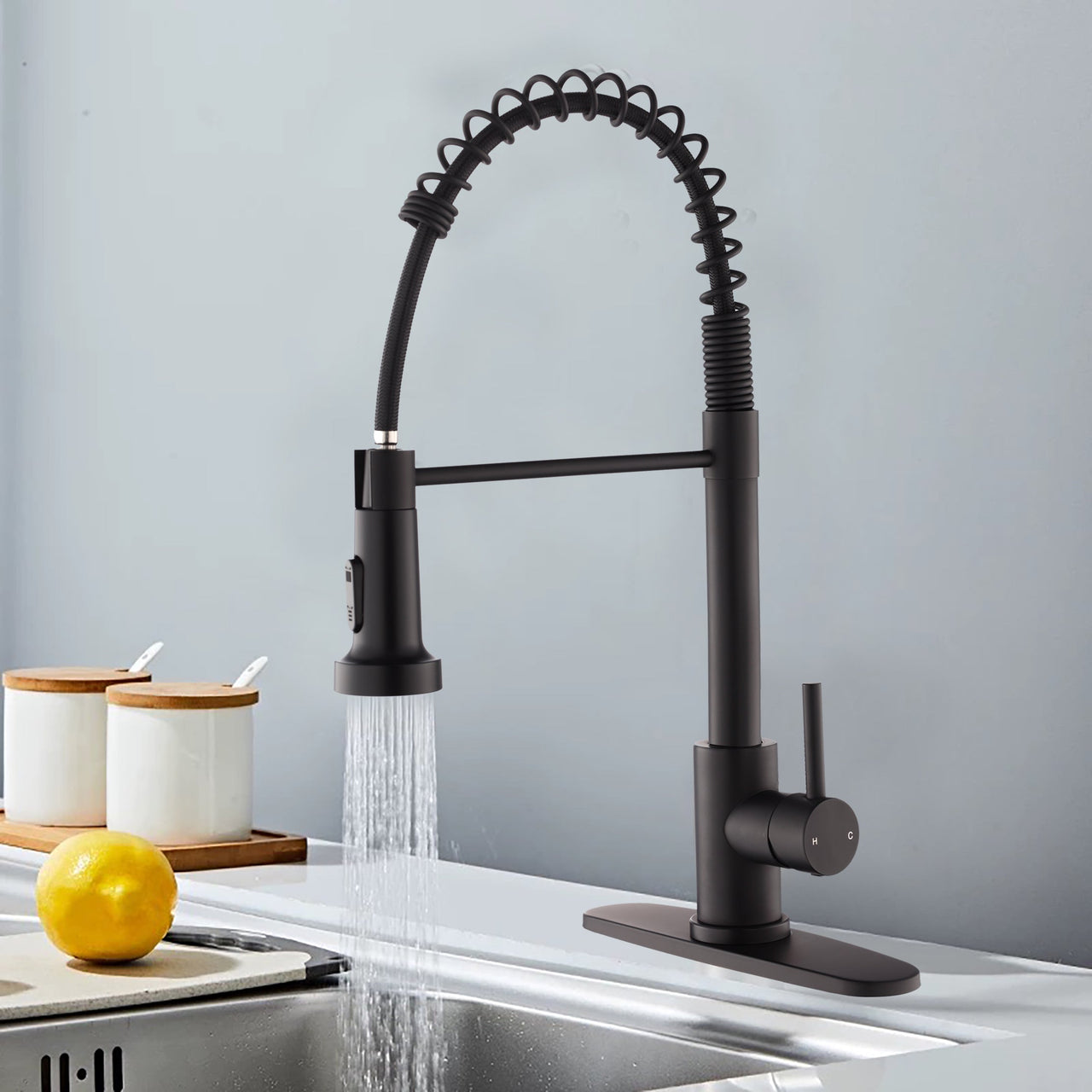 Kitchen Faucet with Pull Down Sprayer Industrial 1 Handle 1 Hole Or 3 Hole Faucet for Farmhouse Camper Laundry Utility Rv Wet Bar Sinks, Stainless Steel, Matte Black