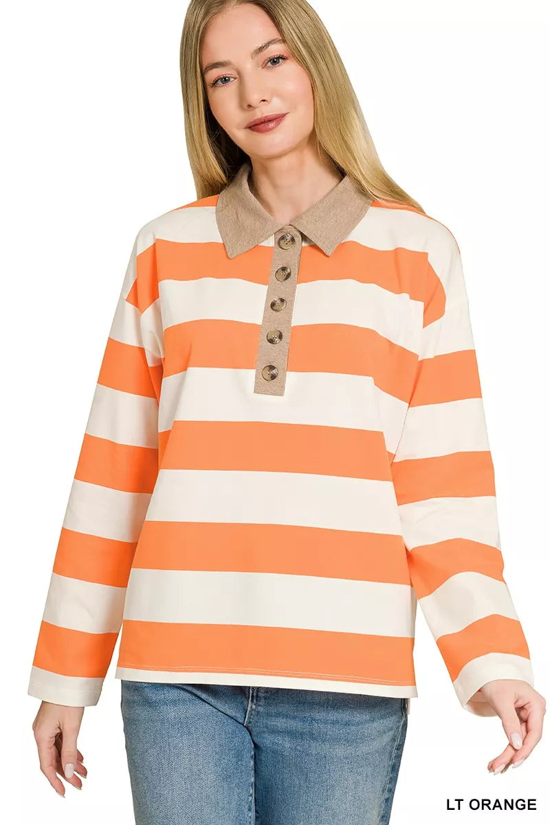 Zenana Striped Contrast Collar Polo Top