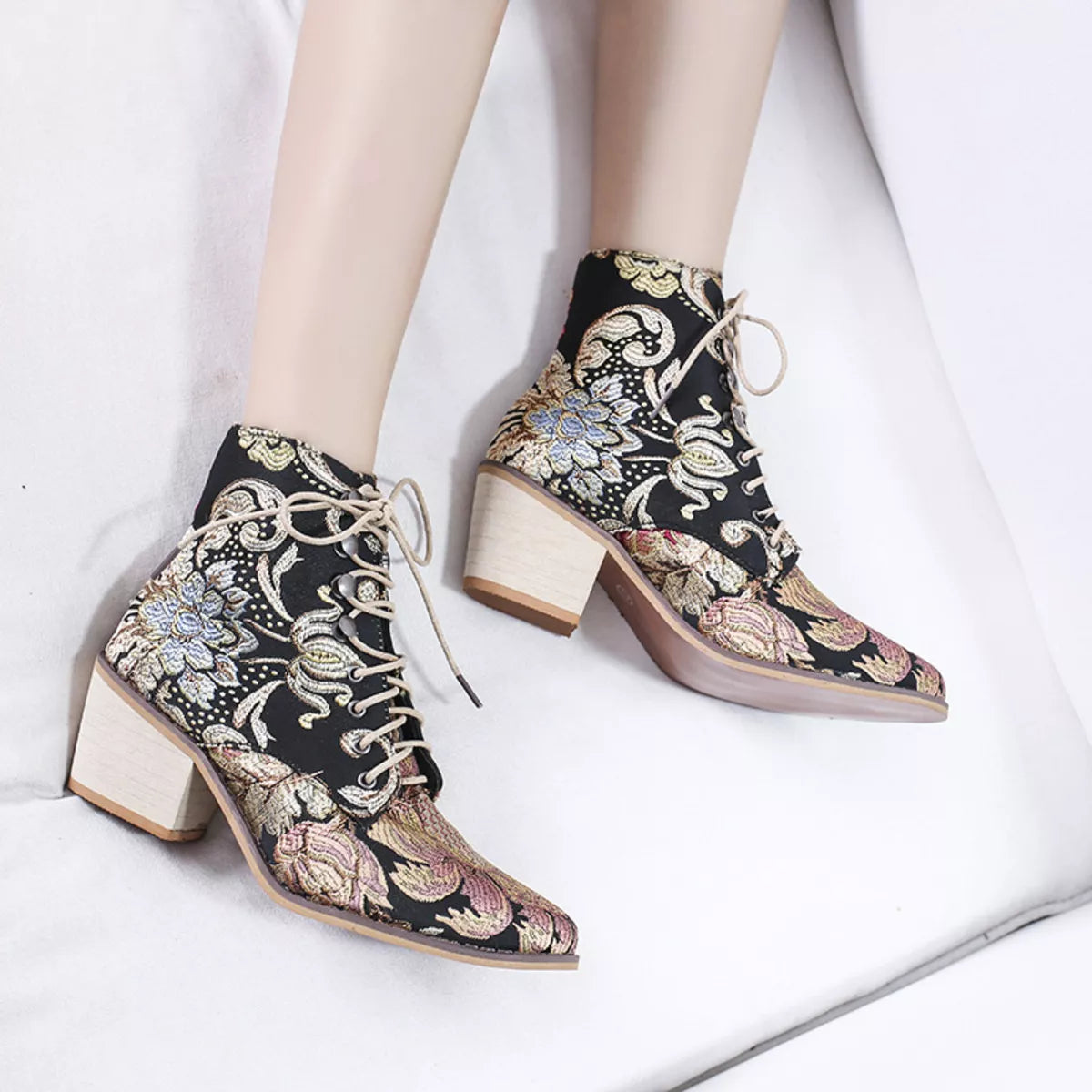 Embroidered Floral Lace-Up Ankle Boots