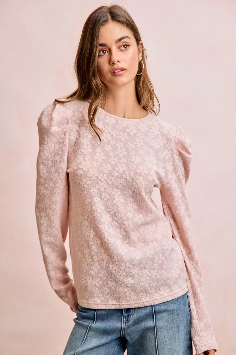 BiBi Textured Flower Knit Puff Shoulder Top