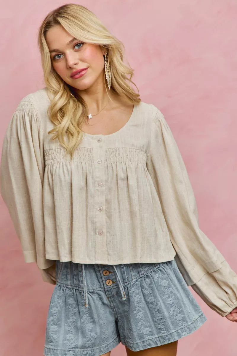 SO ME Linen Blend Woven Long Sleeve With Smocking Top