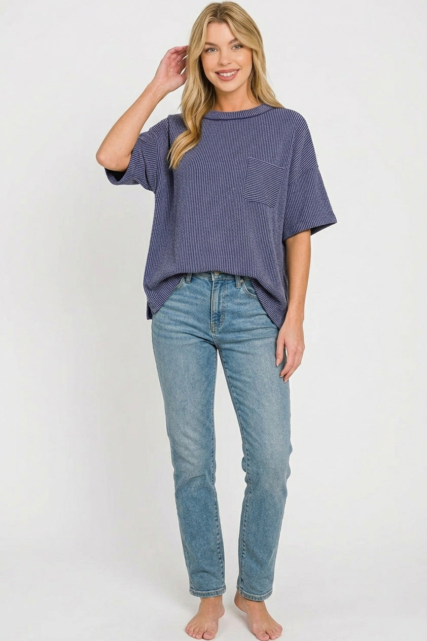 Zenana Raised Rib Short Sleeve Front Pocket Top