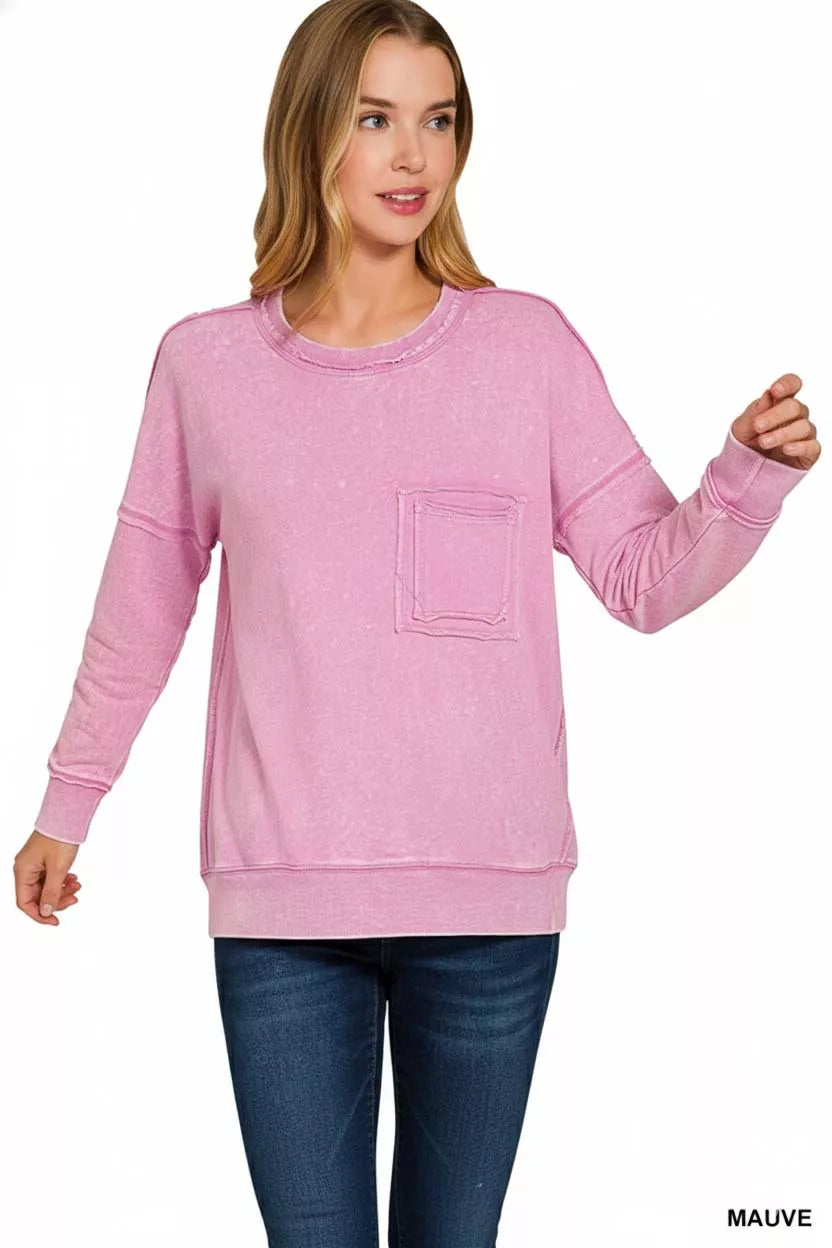 Zenana French Terry Washed Raw Edge Front Pocket Pullover
