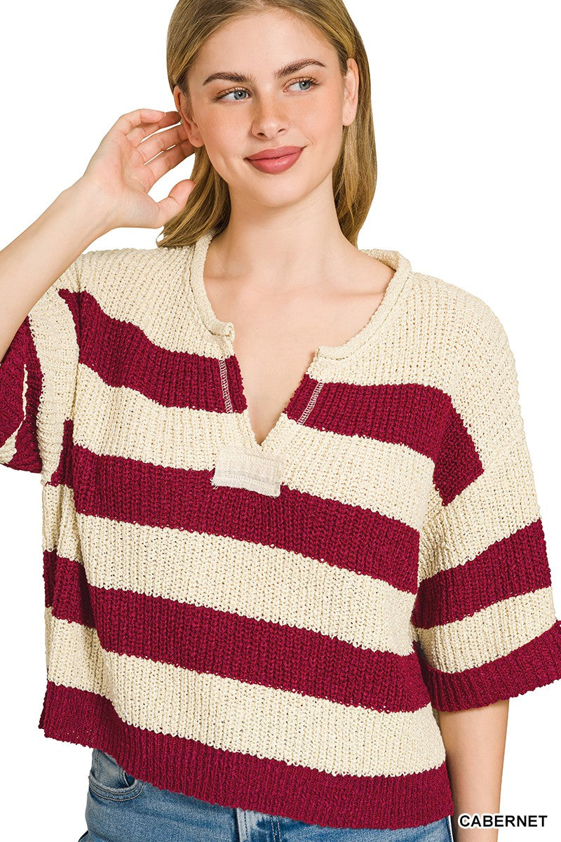 Zenana Split Neck Stripe Sweater