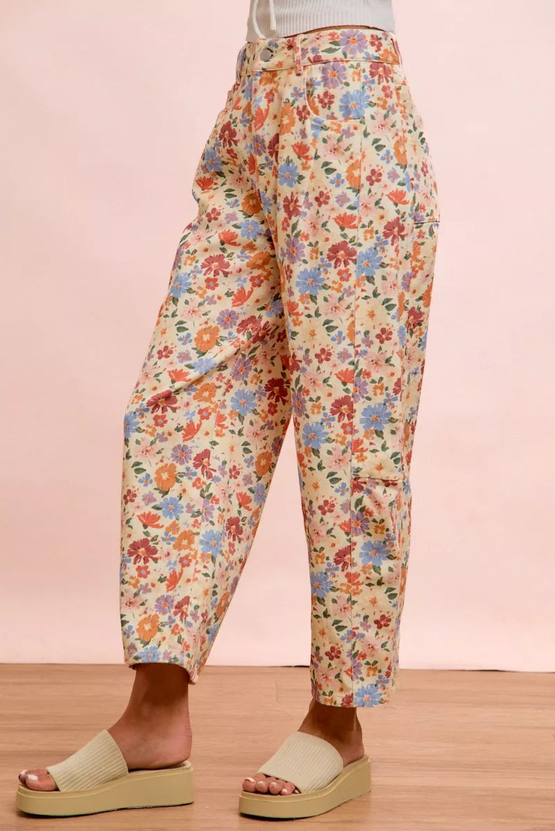 BiBi Washed Floral Printed Twill Barrel Pants