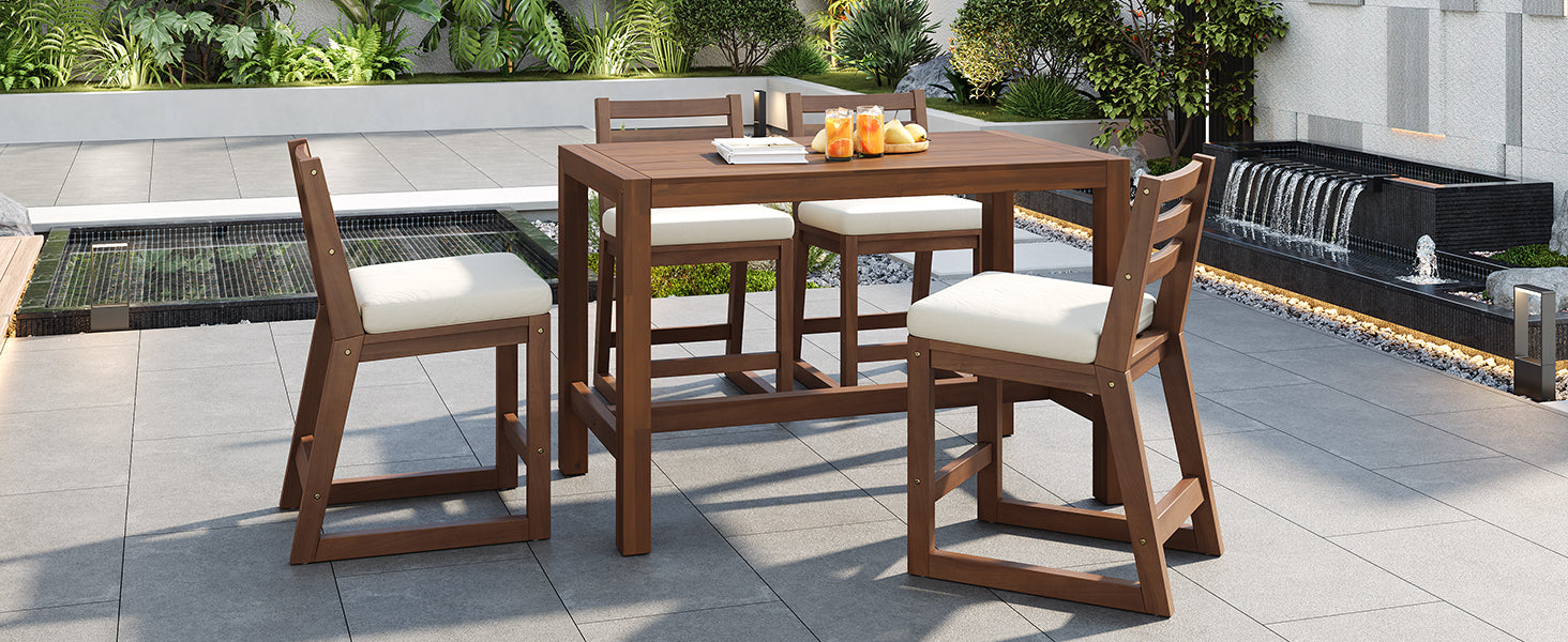 TREXM Rustic Patio Bar Set with Ergonomic Chairs, Solid Wood Slatted Tabletop in Mocha+Beige Cushion