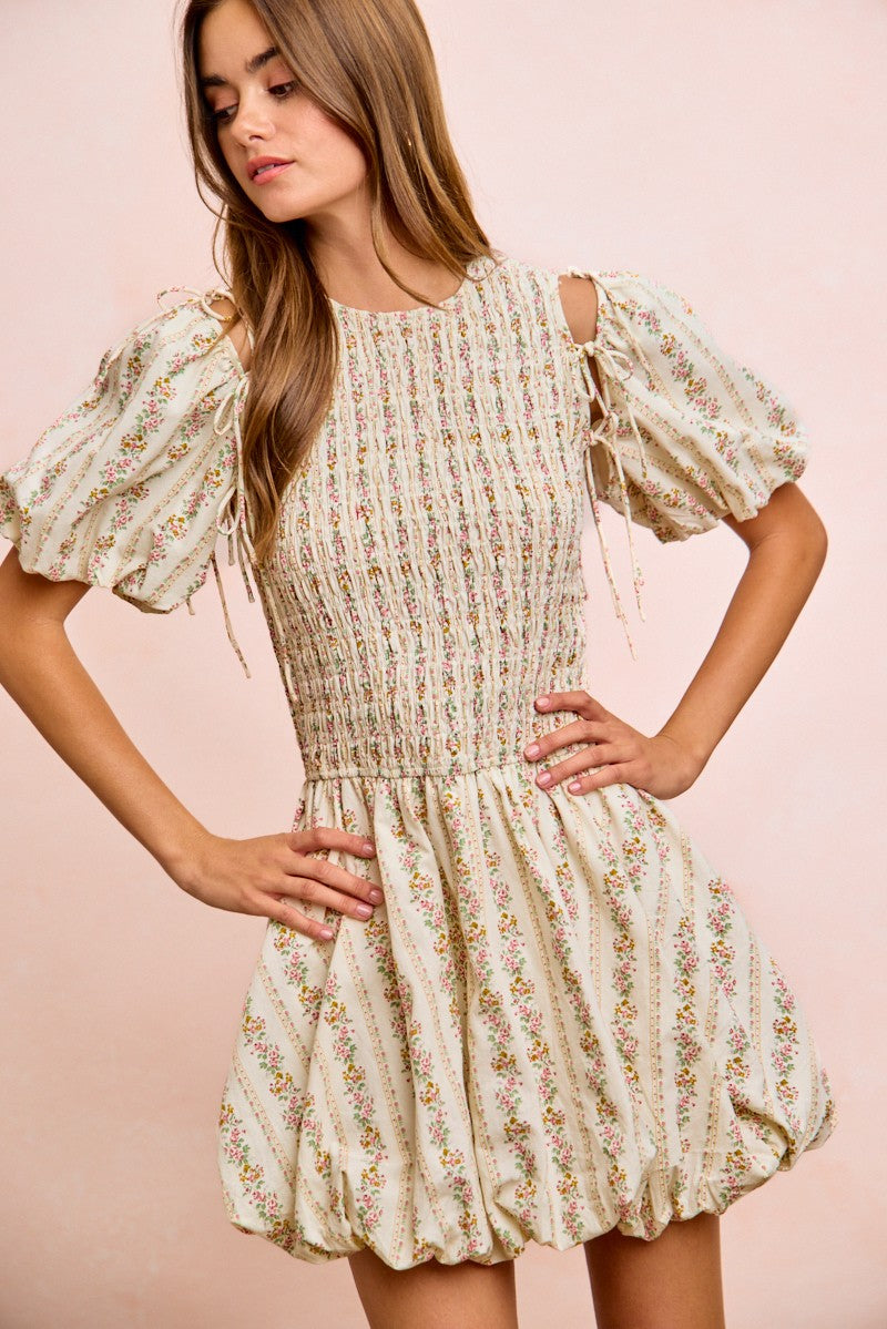 BiBi Floral Bow Tie Attachable Puff Sleeves Dress
