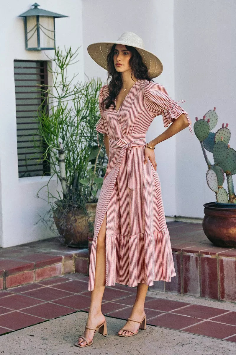 SO ME Stripe Textured Short Sleeves Lined Wrap Midi Dres