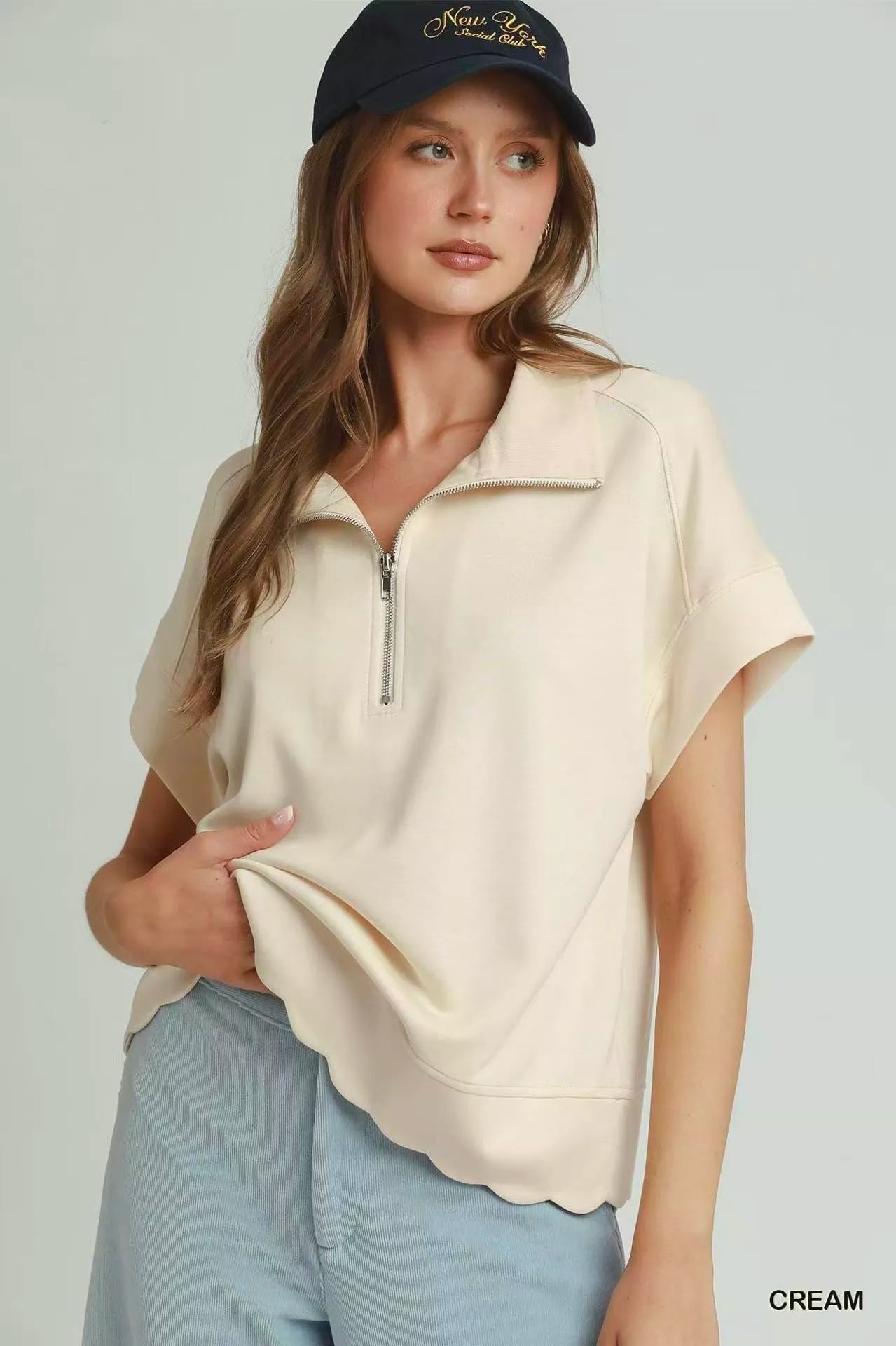 Umgee Half Zip Pullover with Scalloped Edge Hem