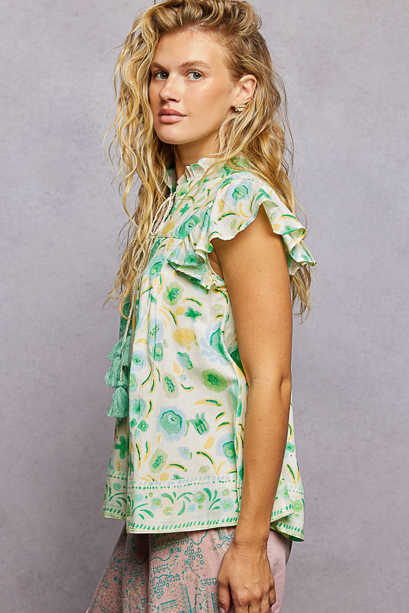 POL Tassel Tied Floral Flutter Sleeve Blouse