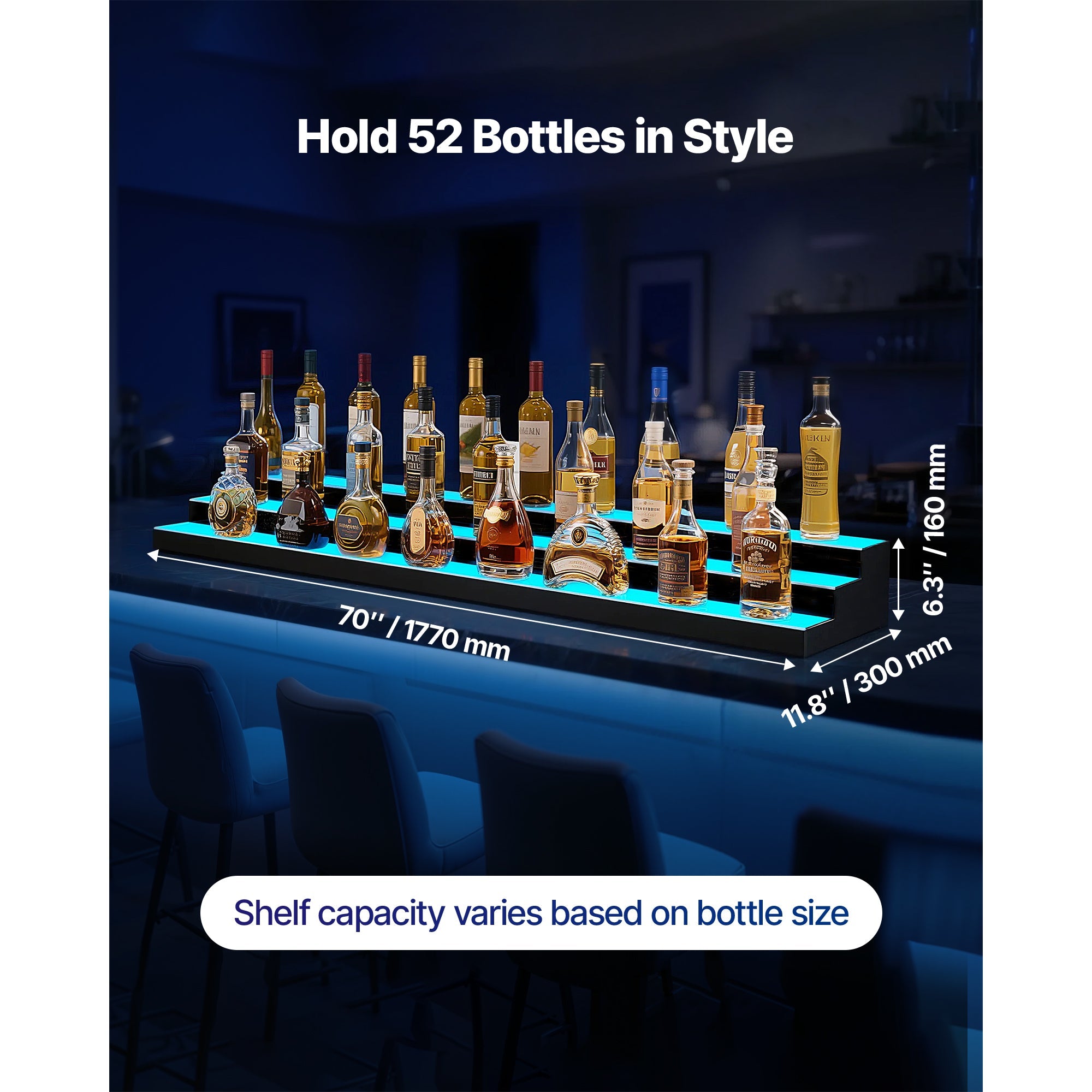 LED Lighted Liquor Bottle Display, 3-Tier 70 Inch, Illuminated Home Bar Shelf with RF Remote & App Control, 7 Static Colors, Acrylic Lighted Whiskey Shelf for 52 Bottles, Powered by Adapter Only