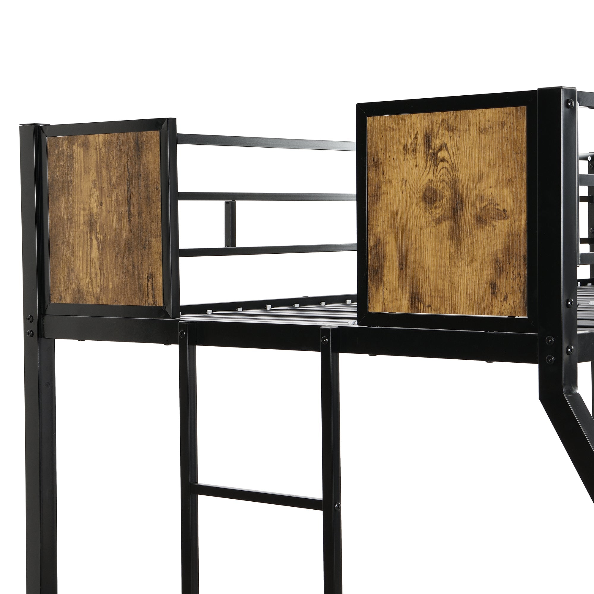 Modern Twin Over Full Metal Bunk Bed with 2-Side Ladder, Full-Length Guardrail, No Box Spring Needed, Black & Brown