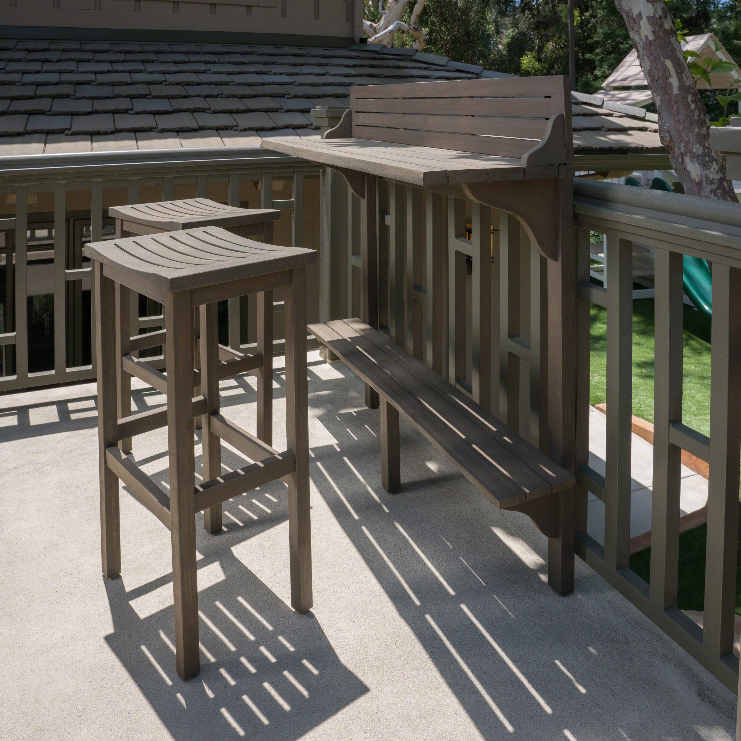 3-Piece Balcony Bar Set with Bottom Shelf Table and 2 Stools, Grey Finish