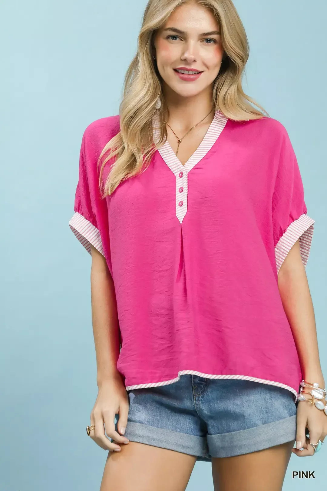 Umgee Oversized Contrast Stripe Trim Top