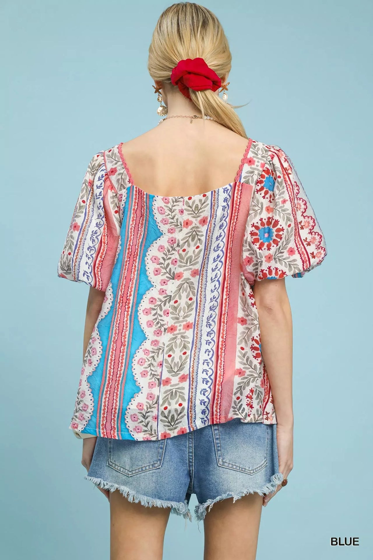 Umgee Patchwork Puff Sleeve Smocked Blouse