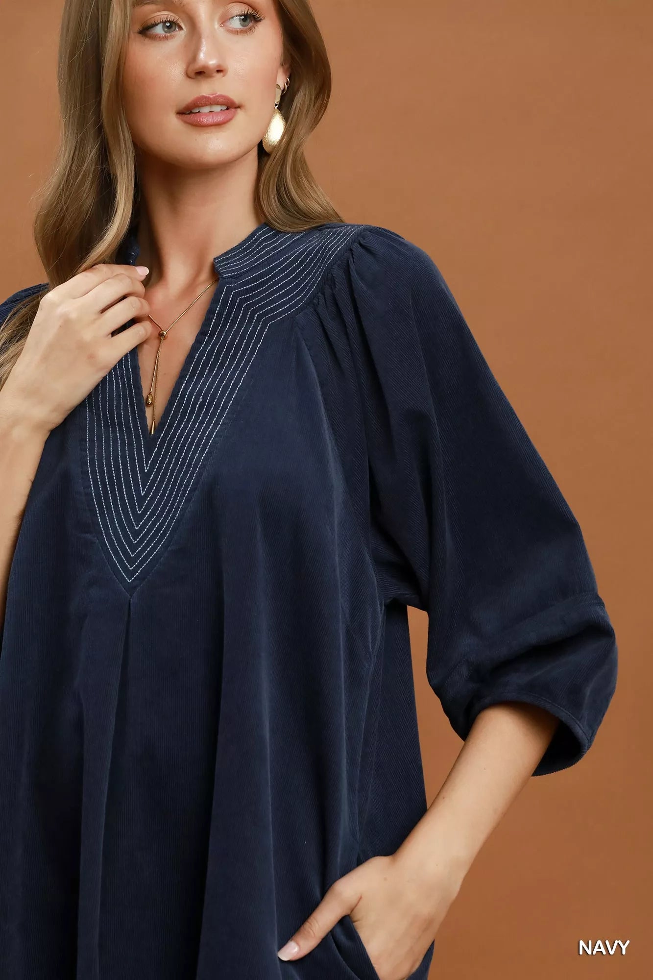 Umgee Corduroy V-Neck Puff Sleeve Shift Dress with Pockets