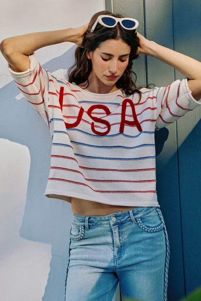 SO ME Usa Stripe Knit Short Sleeves Sweater Top