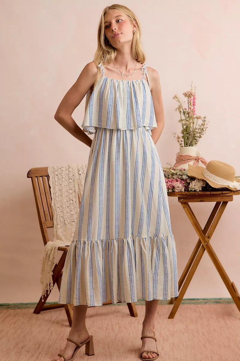 SO ME Stripe Tiered Shoulder Tie Midi Lined Dress