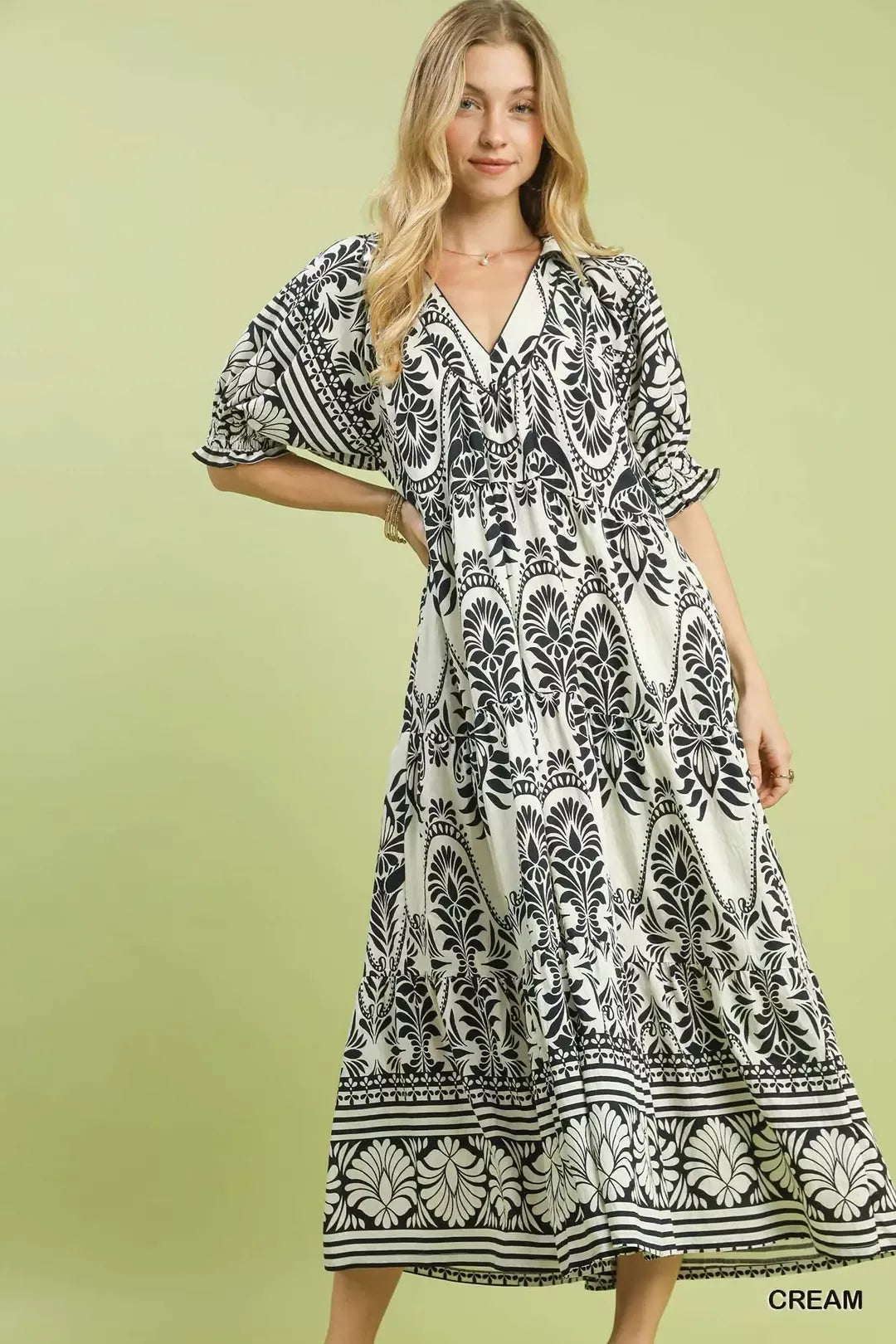 Umgee Two tone Border Print Midi Dress