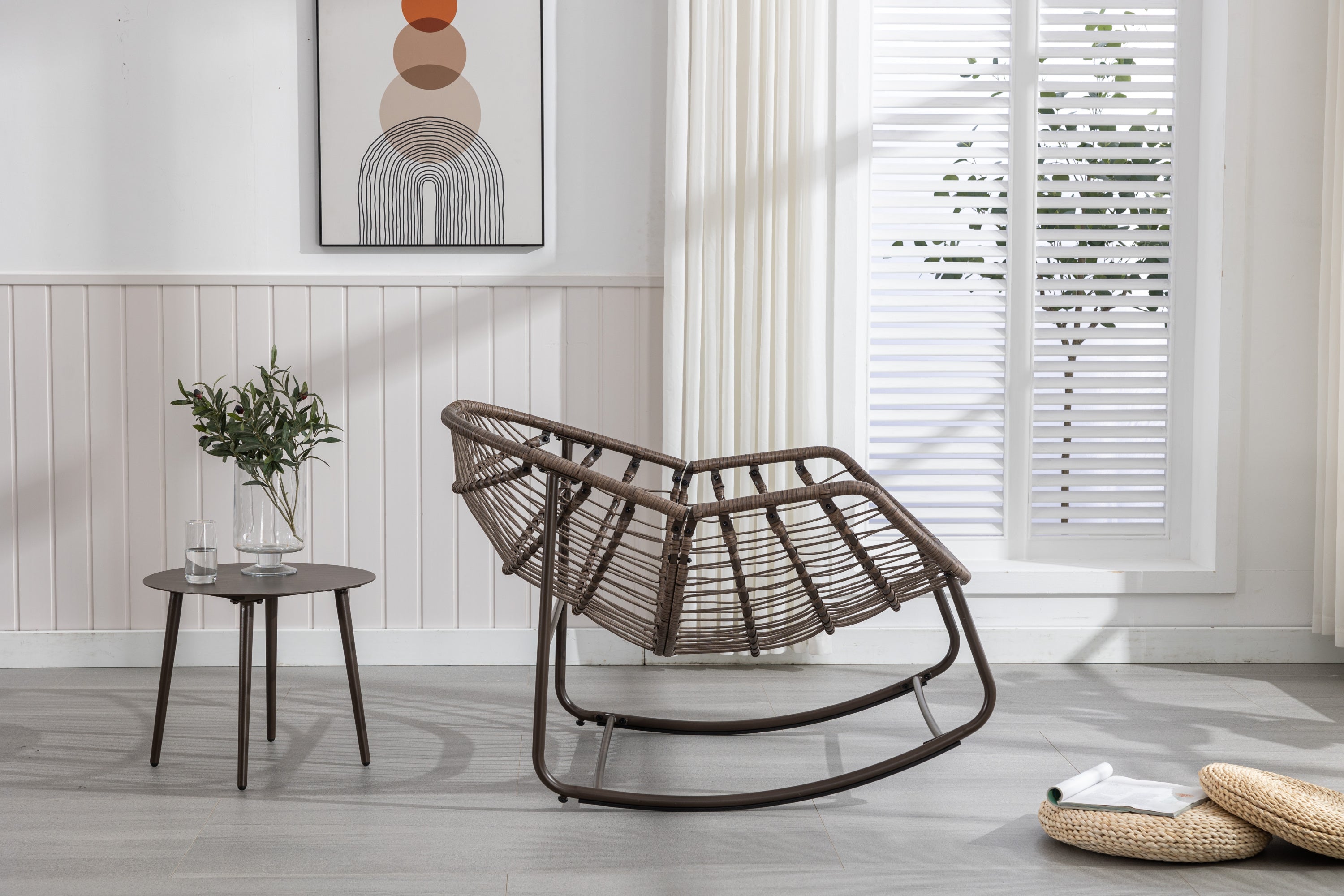 Outdoor Rattan Rocking Chair,Padded Cushion Rocker Recliner Chair Outdoor for Front Porch, Living Room, Patio, Garden, 
White