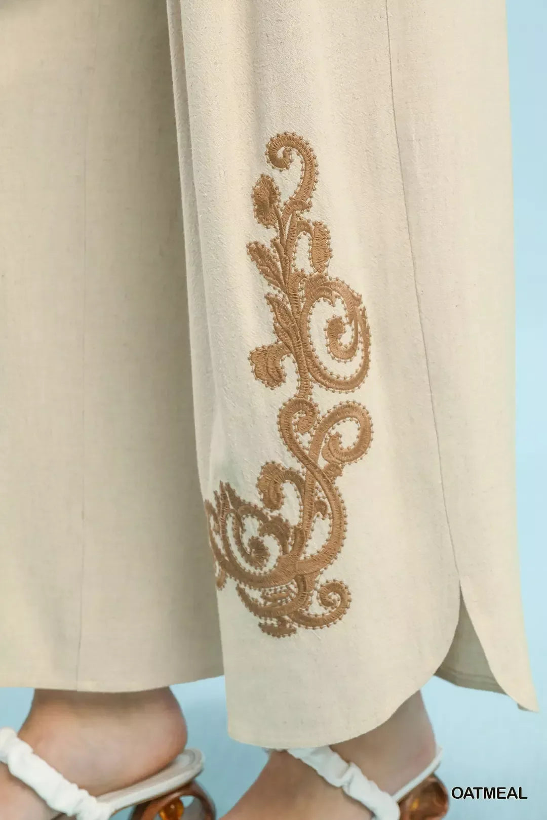 Umgee Linen Embroidered Wide-Leg Boho Pants
