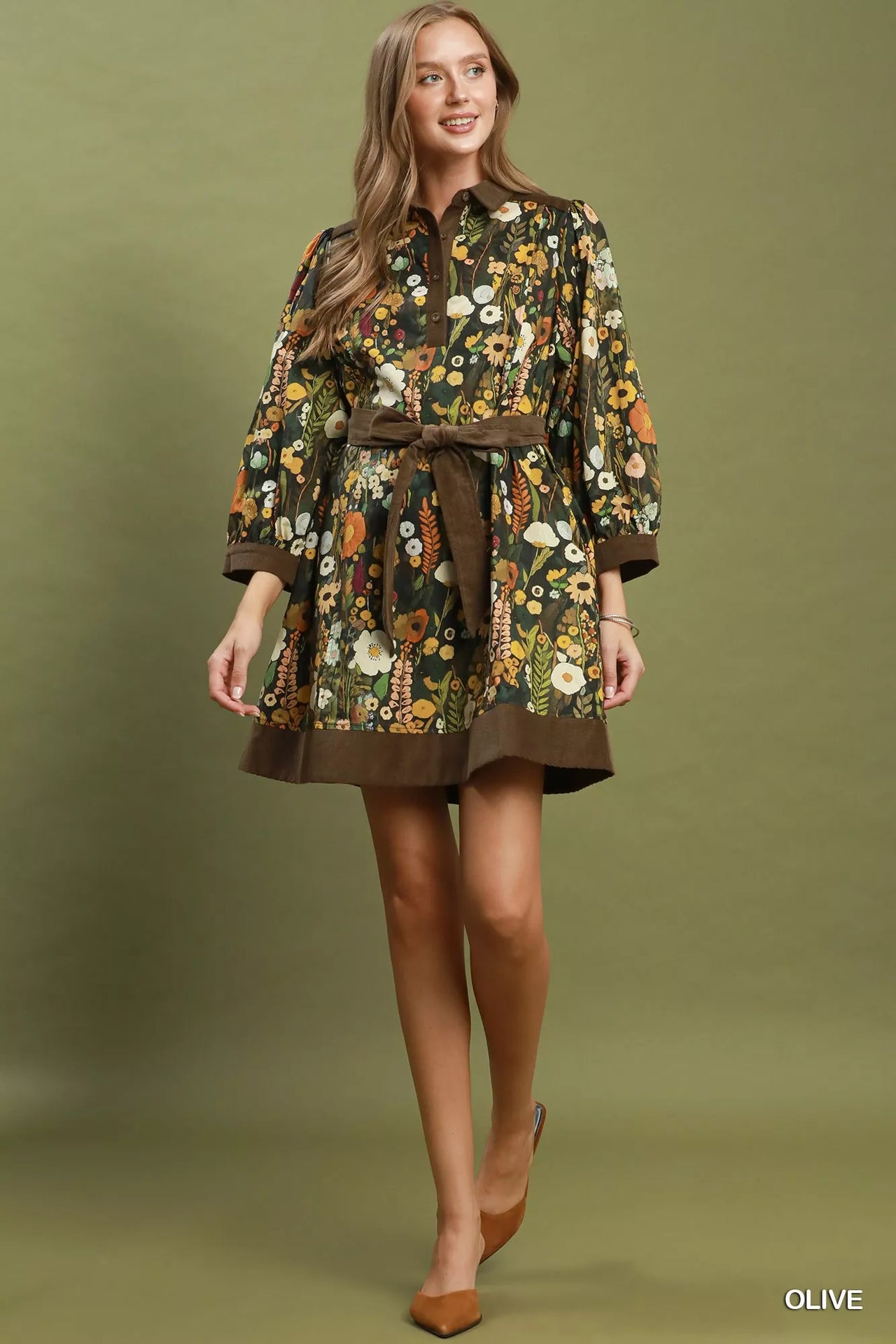 Umgee Floral Print Belted Puff Sleeve Mini Dress
