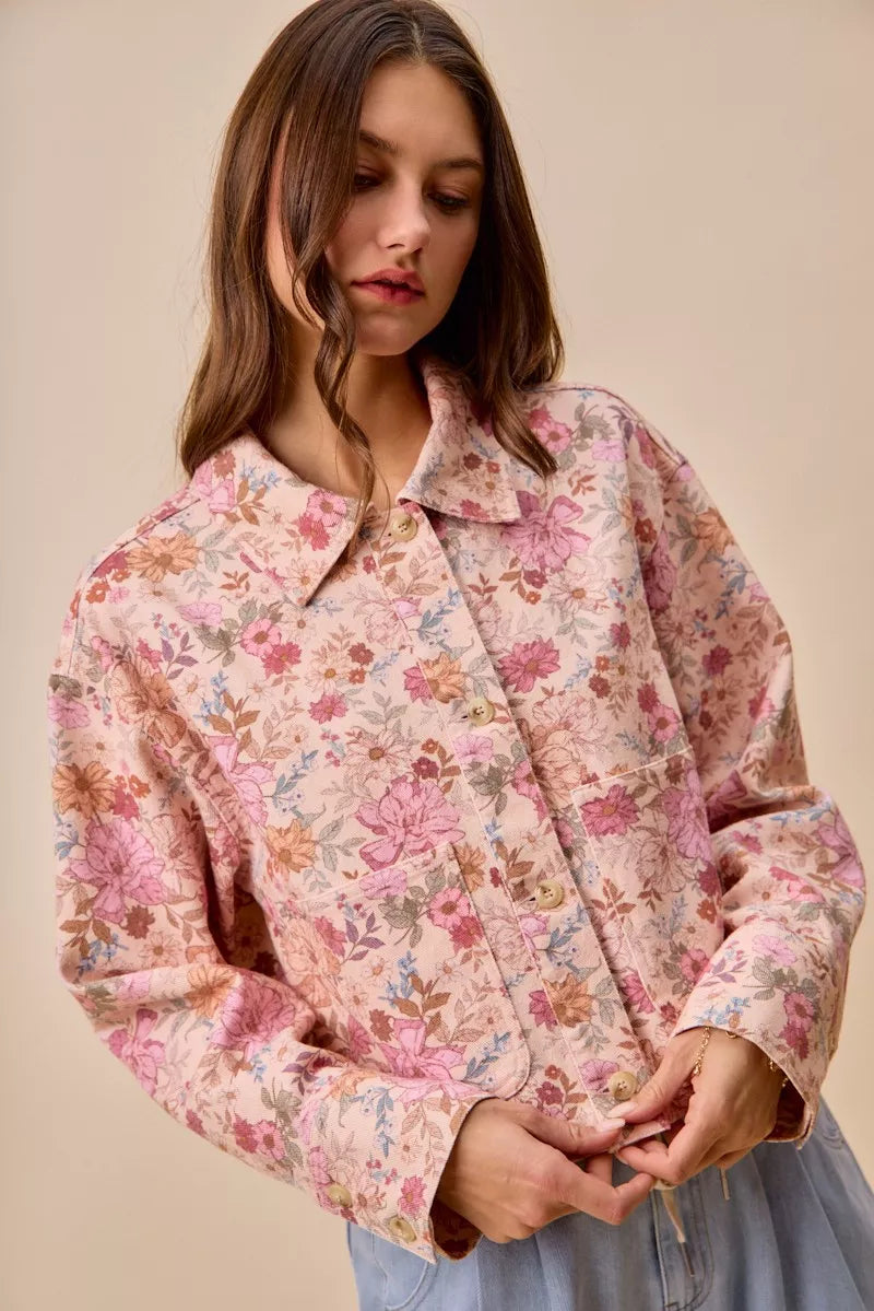 SO ME Floral Print Cotton Twill Button Down Barn Jacket