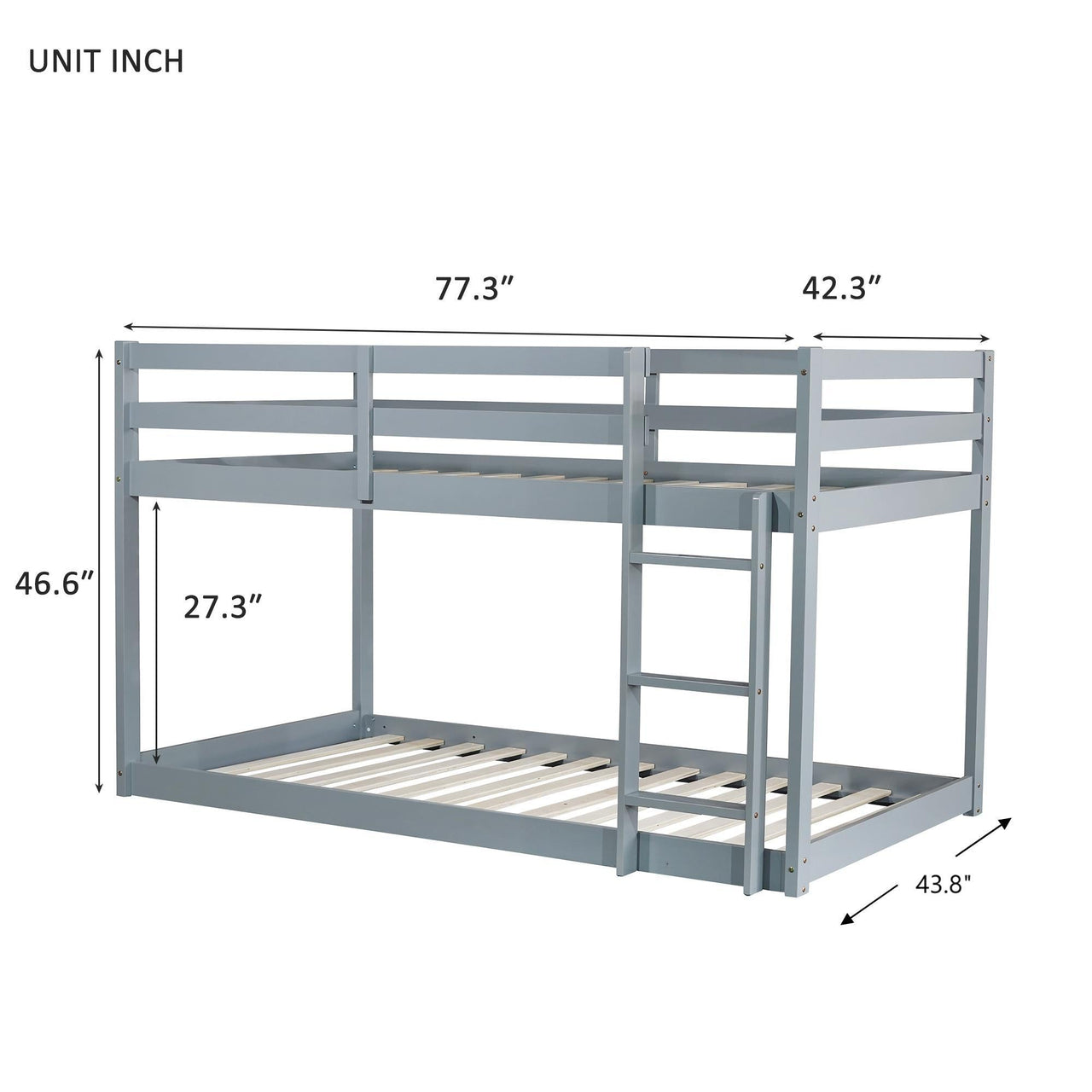Solid Wooden , Solid Rubber Wooden Twin over Twin Floor Bunk Bed with Ladder ,Upper and Bottom Bed Platforms crafted with Strengthened Slats ,Grey