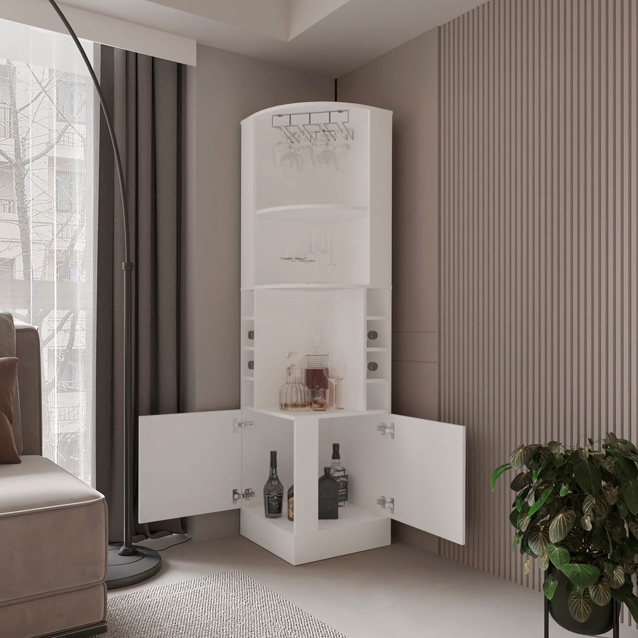 FM FURNITURE Page Corner Bar Cabinet with Wine Storage and Glass Rack. White