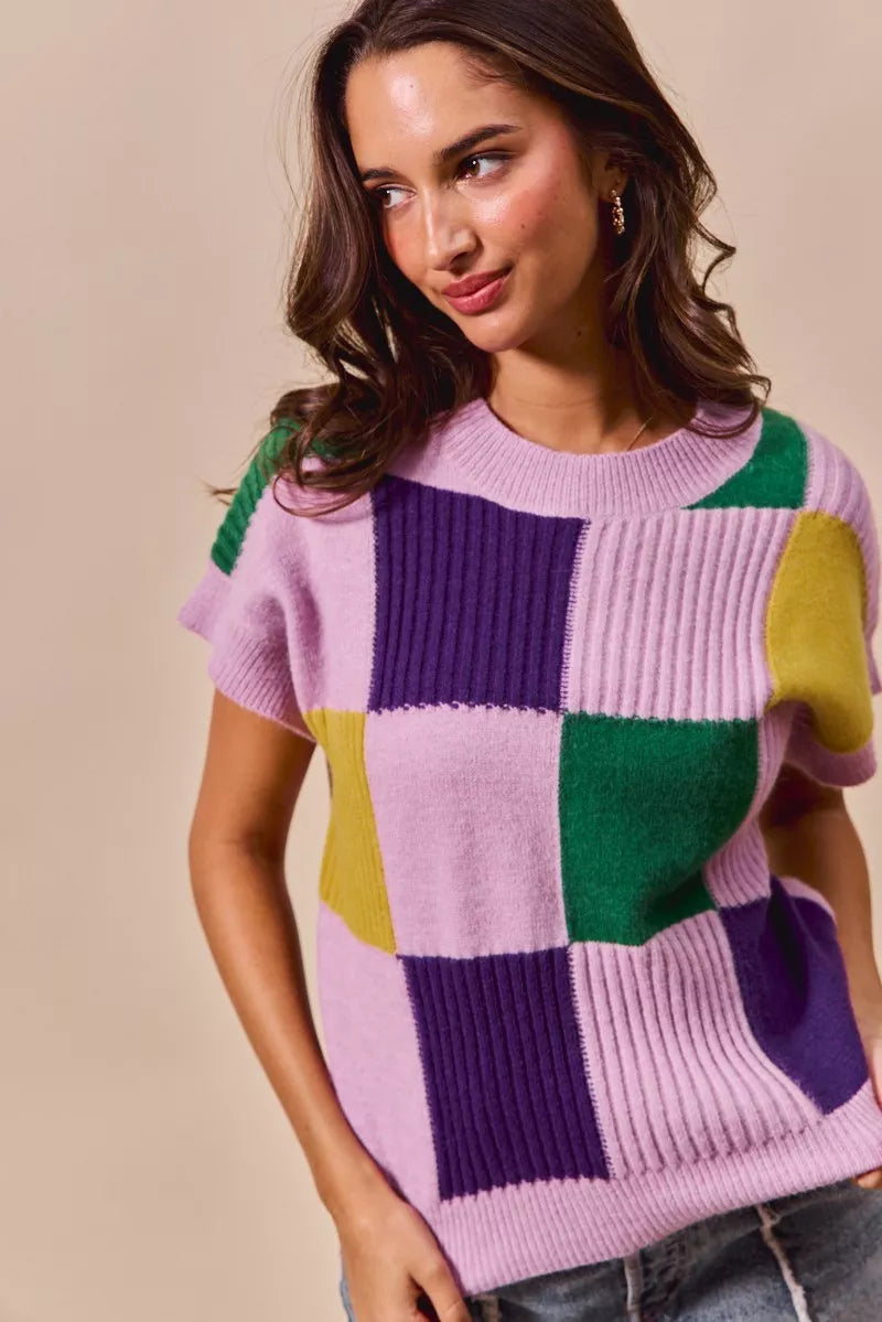 SO ME Mardi Gras Check Plaid Casual Sweater Top