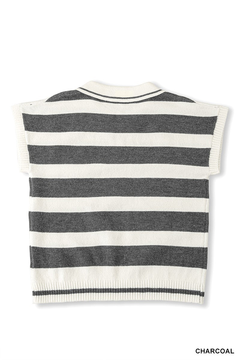 Zenana Striped Collared Short Sleeve Sweater