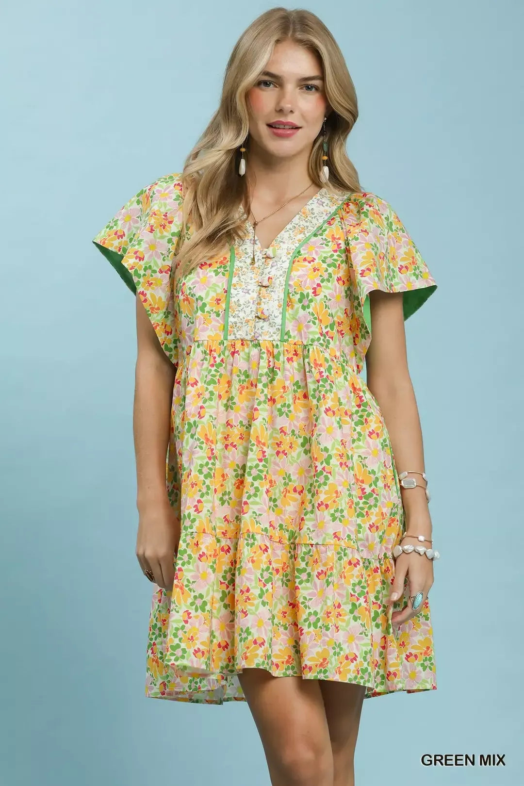 Umgee Mix Floral Tiered Mini Dress with Side Pockets