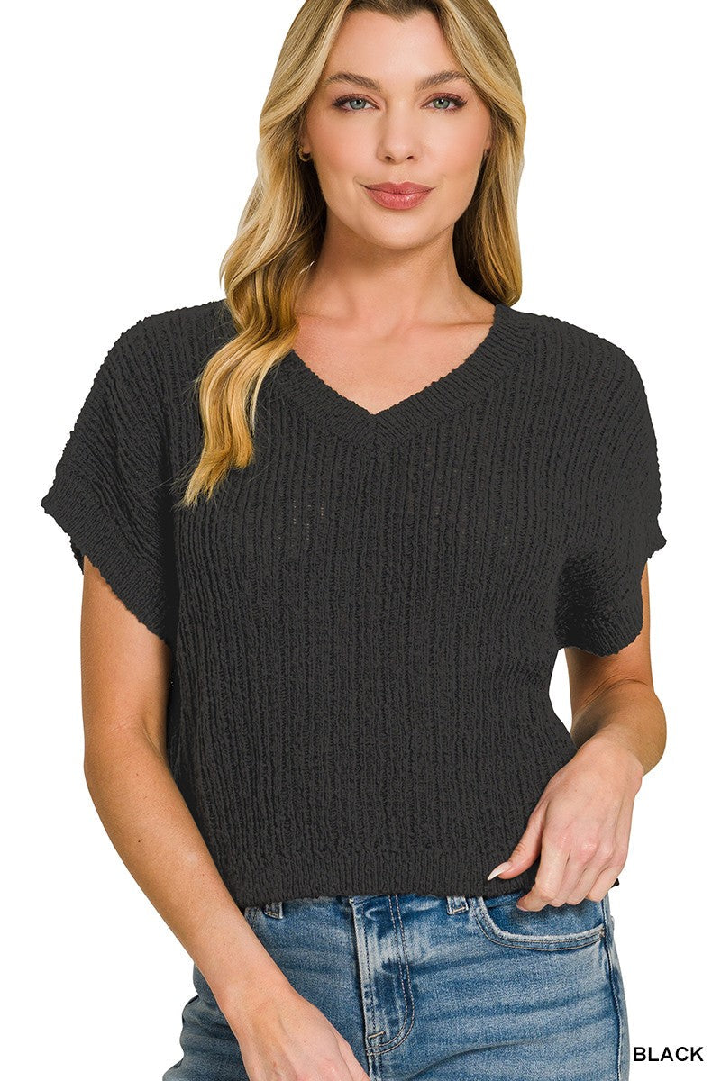 Zenana Textured Knit V-Neck Cropped Sweater
