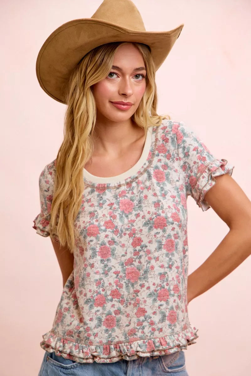 BiBi Rose Printed Slub Knit Ruffled Sleeves Top
