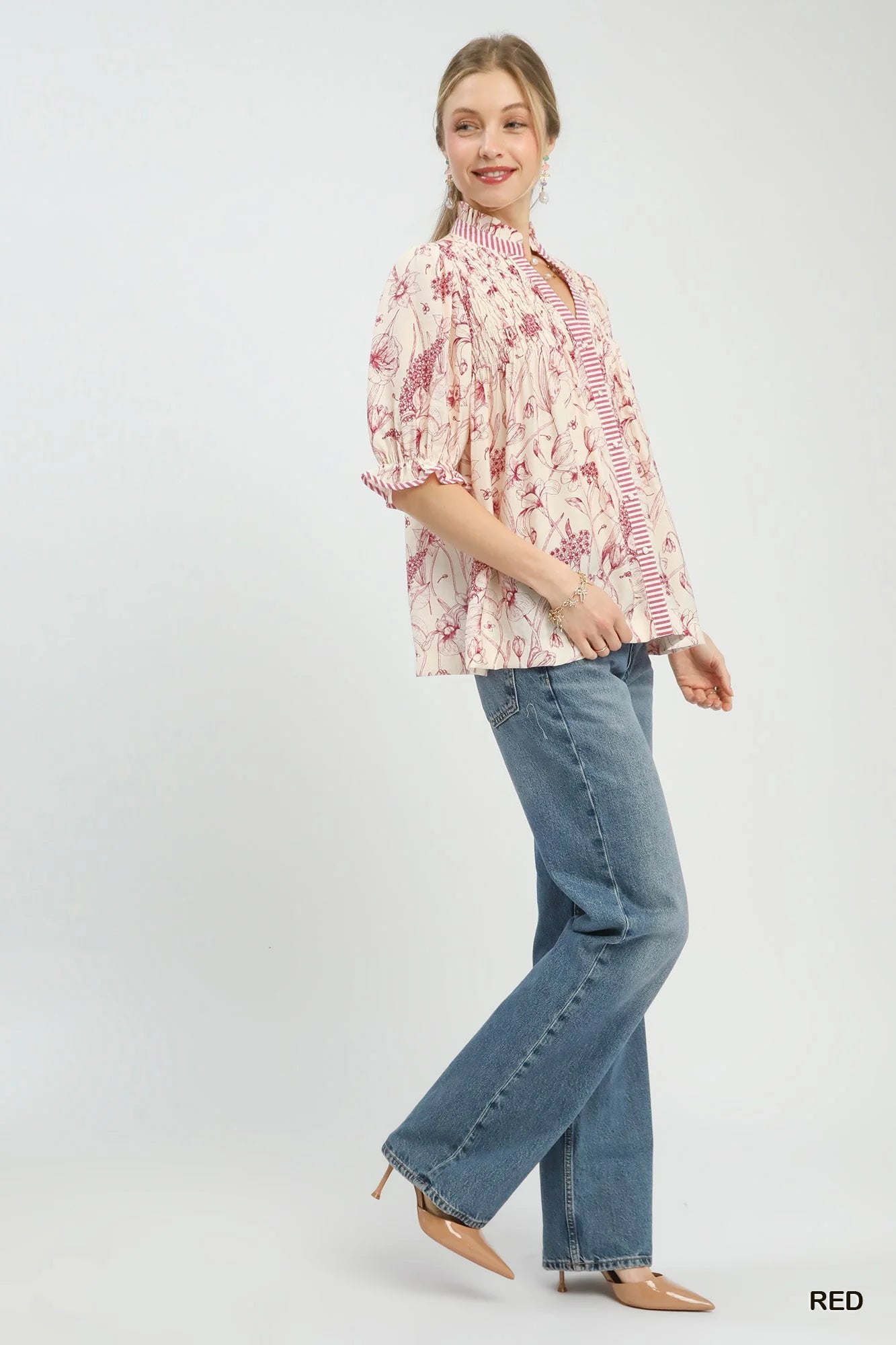 Umgee Mixed Print Button Front Top