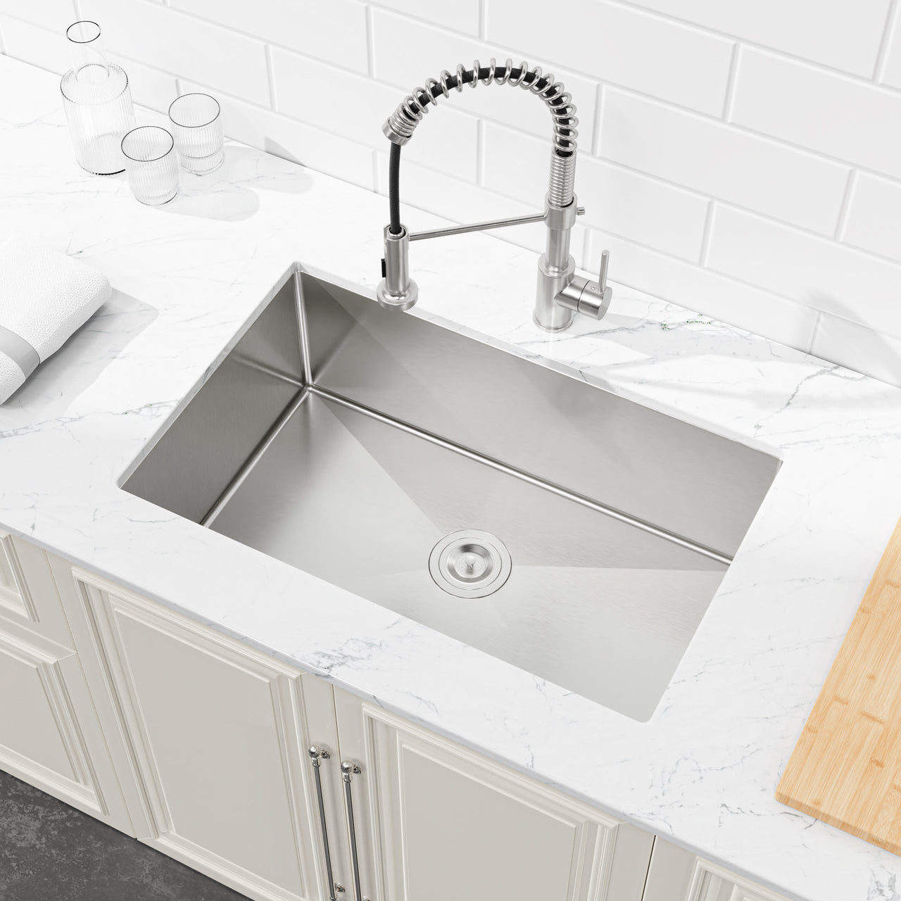 Stainless Steel Kitchen Sink, 30″x19″ Drop In Single Bowl, Undermount Handmade Sink in Brushed Nickel, with US Standard Drain and Hook, LS-SSBR05