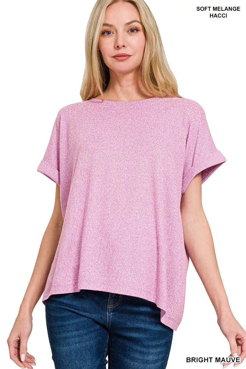 Zenana Soft Melange Hacci Short Sleeve Round Neck Top