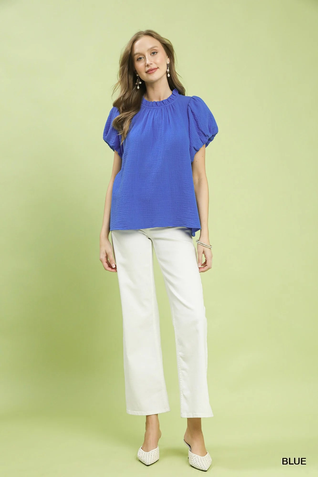 Umgee Textured Gauze Ruffle Neck Boho Top