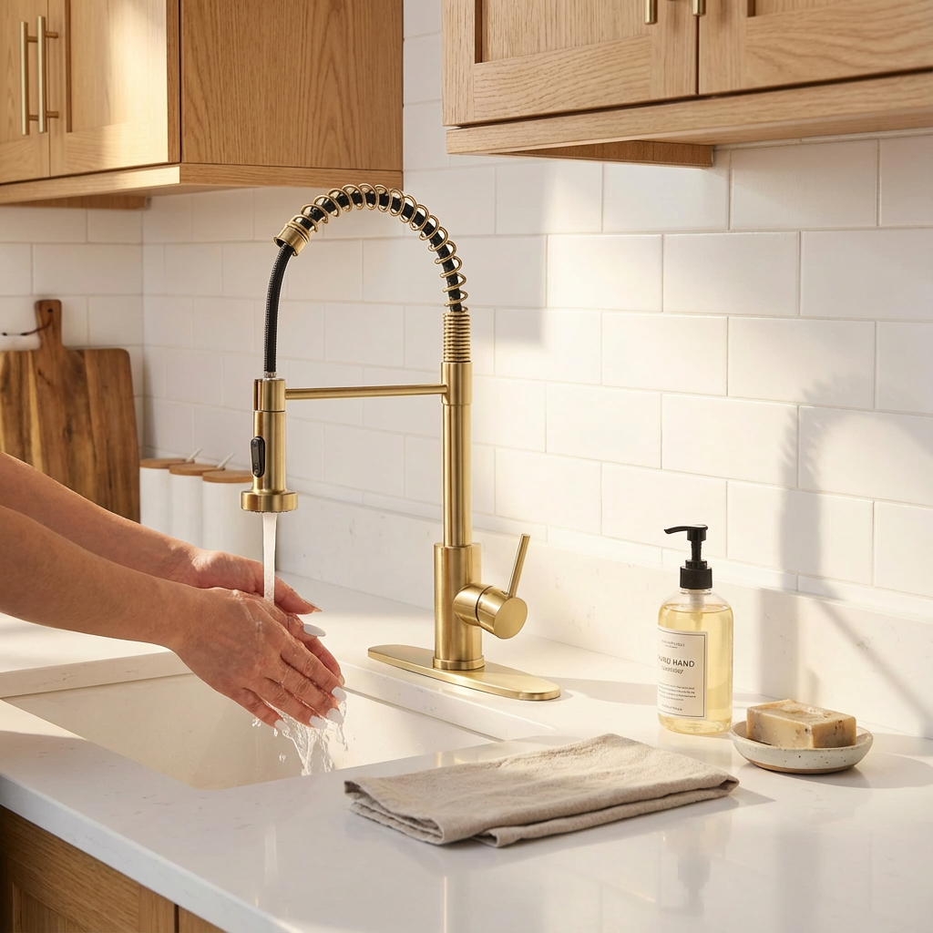 Kitchen Faucet with Pull Down Sprayer Industrial 1 Handle 1 Hole Or 3 Hole Faucet for Farmhouse Camper Laundry Utility Rv Wet Bar Sinks, Stainless Steel, Brushed Gold
