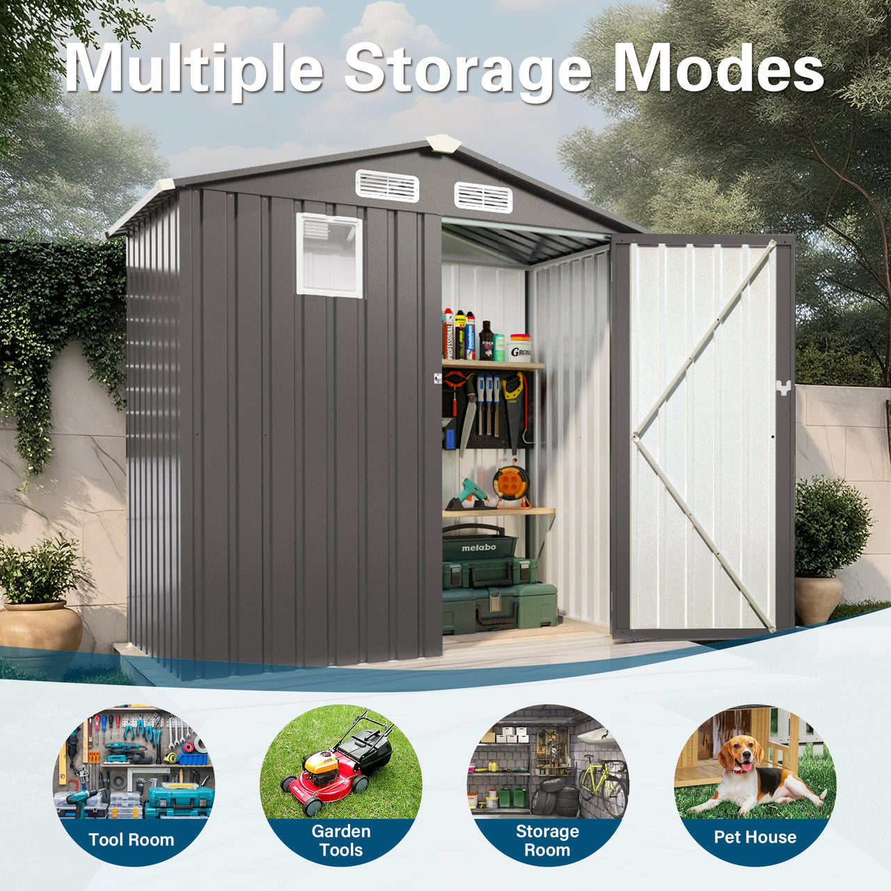 6X3.5FT Compact Metal Outdoor Storage Shed with Peaked Roof and Lockable Door, Gray,