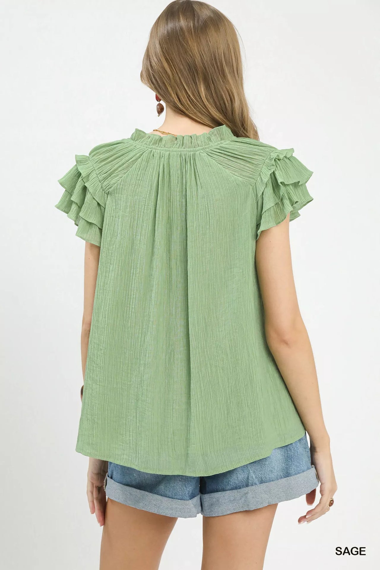 Umgee Ruffled Flutter Sleeve Textured Blouse