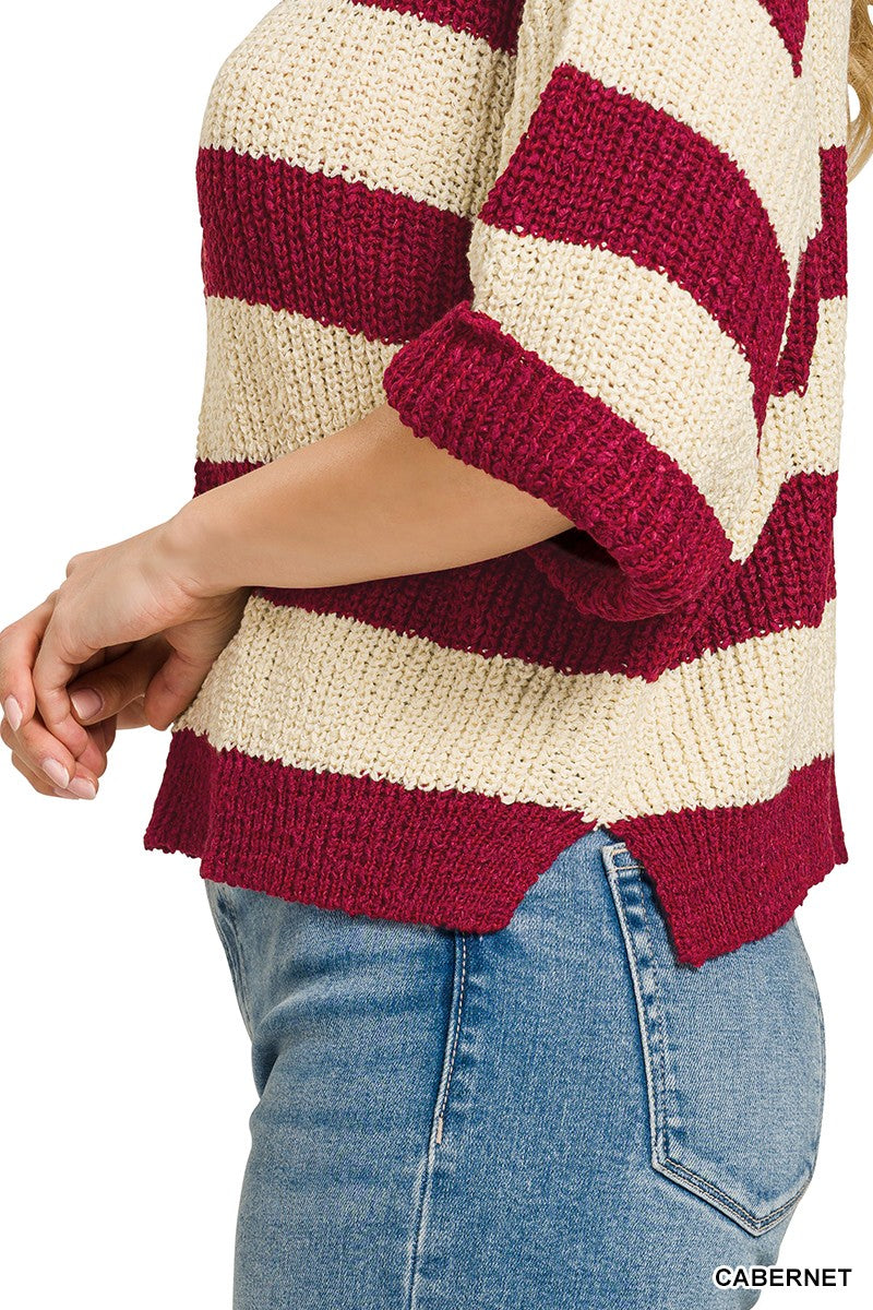 Zenana Split Neck Stripe Sweater