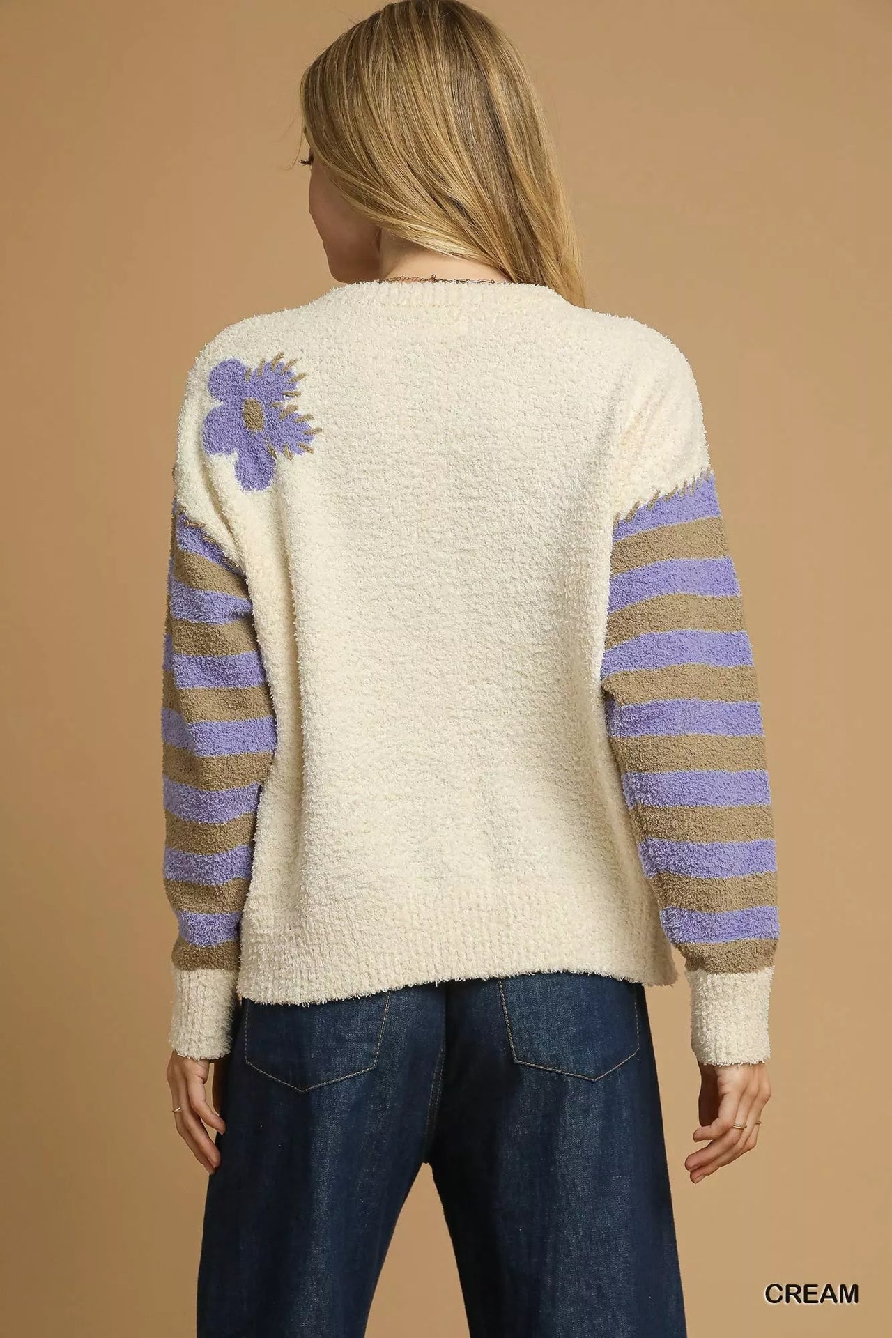 Umgee Flower Jacquard Striped Long Sleeve Sweater