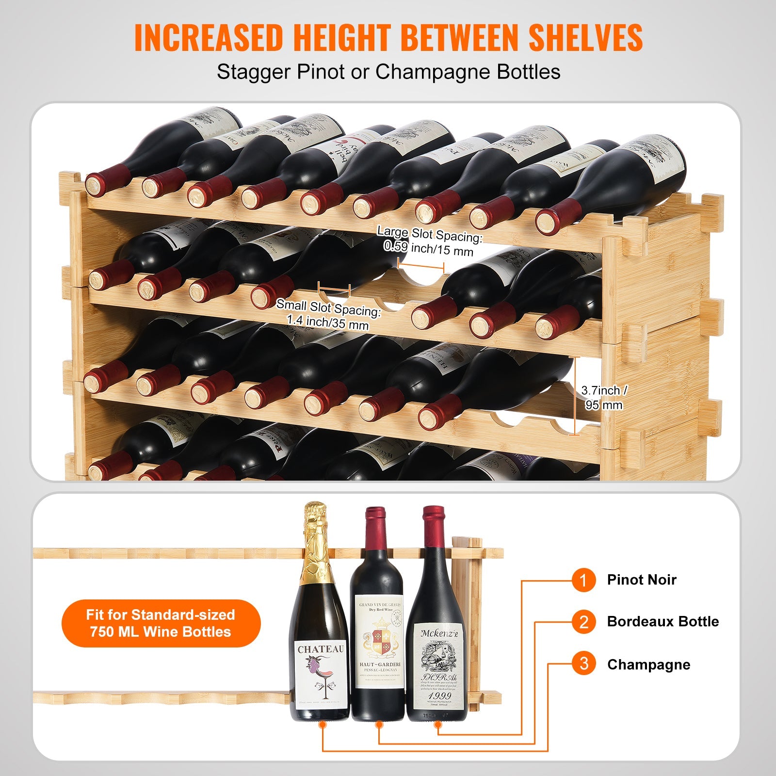 36 Bottle Stackable Modular Wine Rack Bamboo Wood Display Shelf 4-Tier