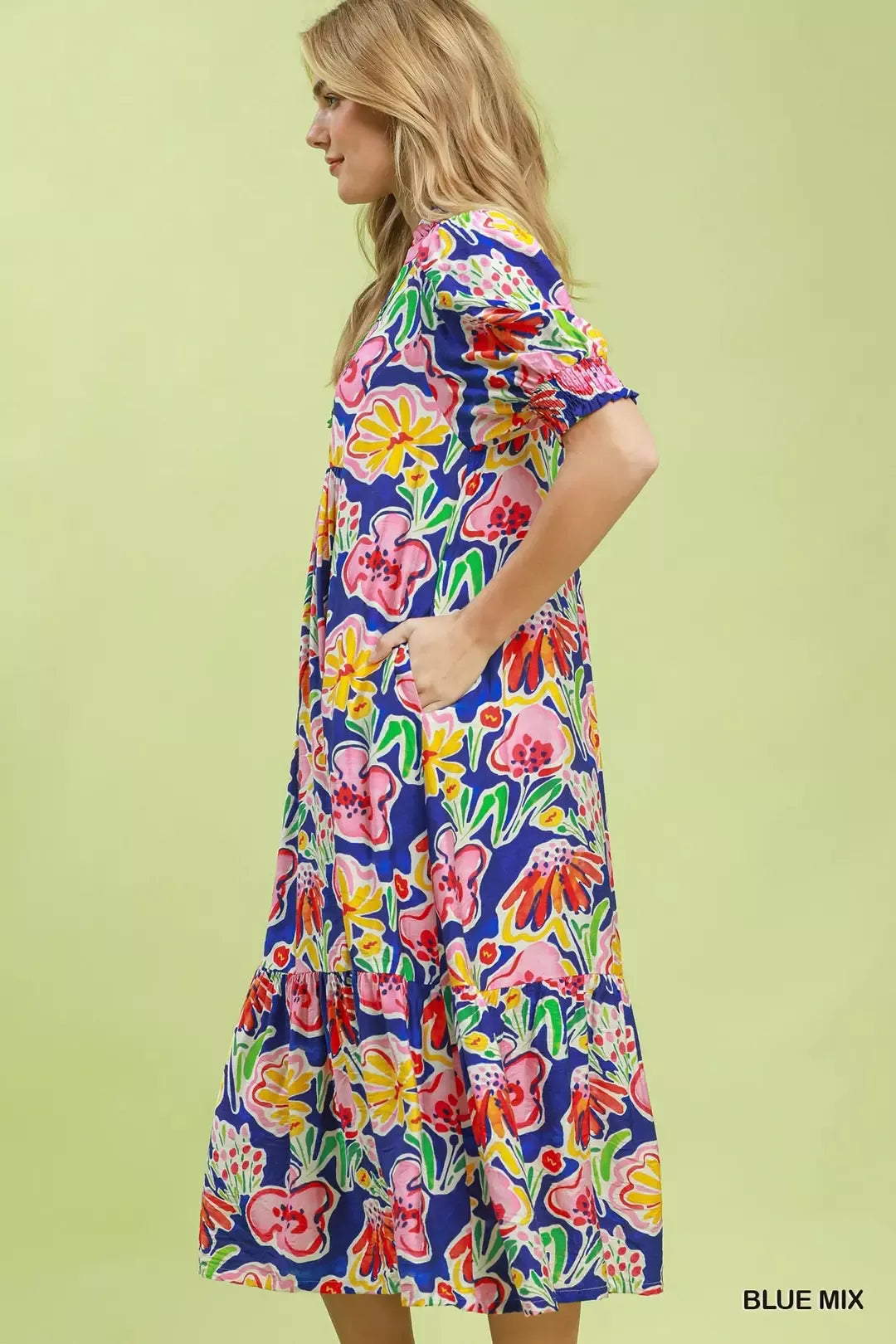 Umgee Floral Print Puff Sleeve Tiered Midi Dress
