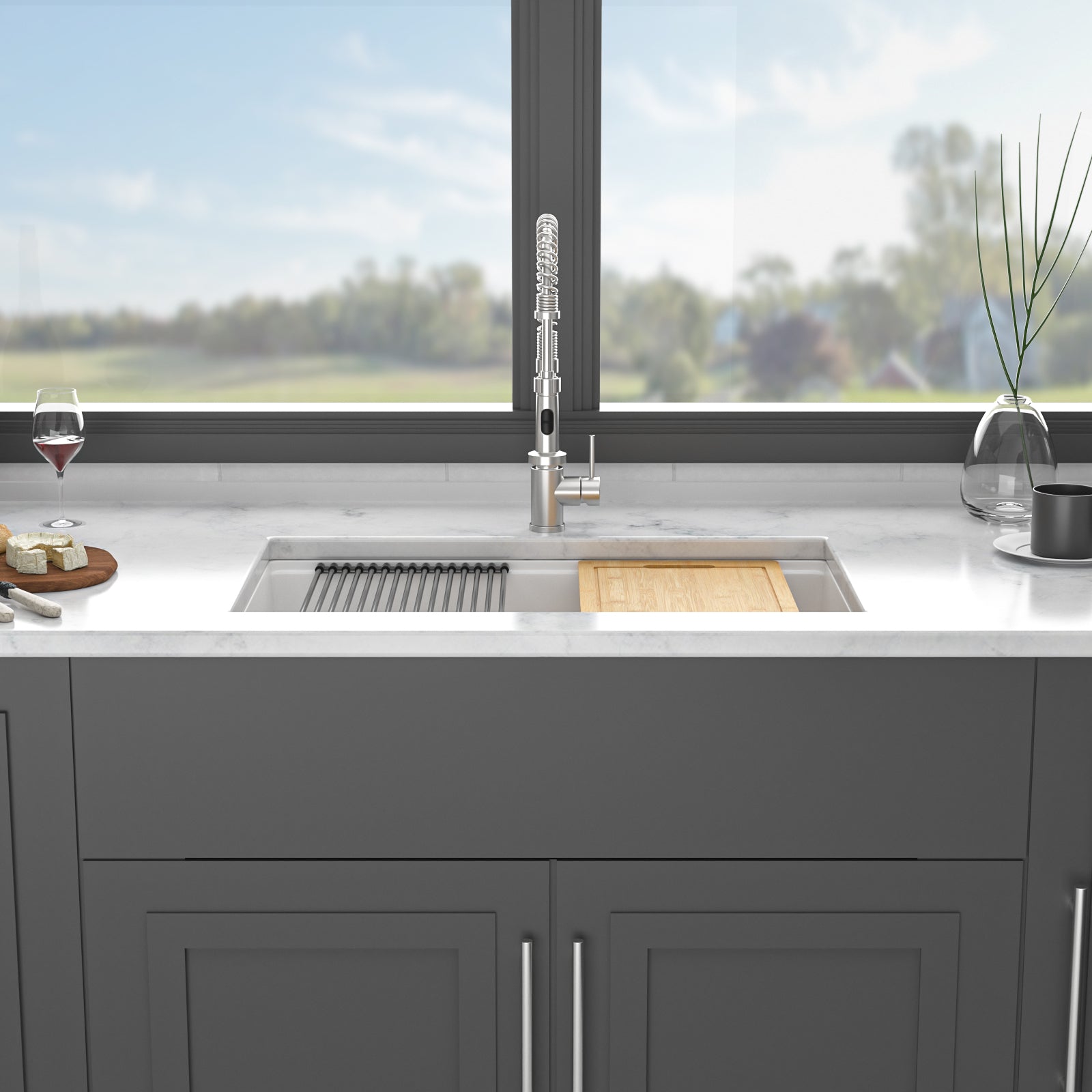 Quartz Kitchen Sink - Workstation Undermount Sink in White Granite Composite, 30' x 19'