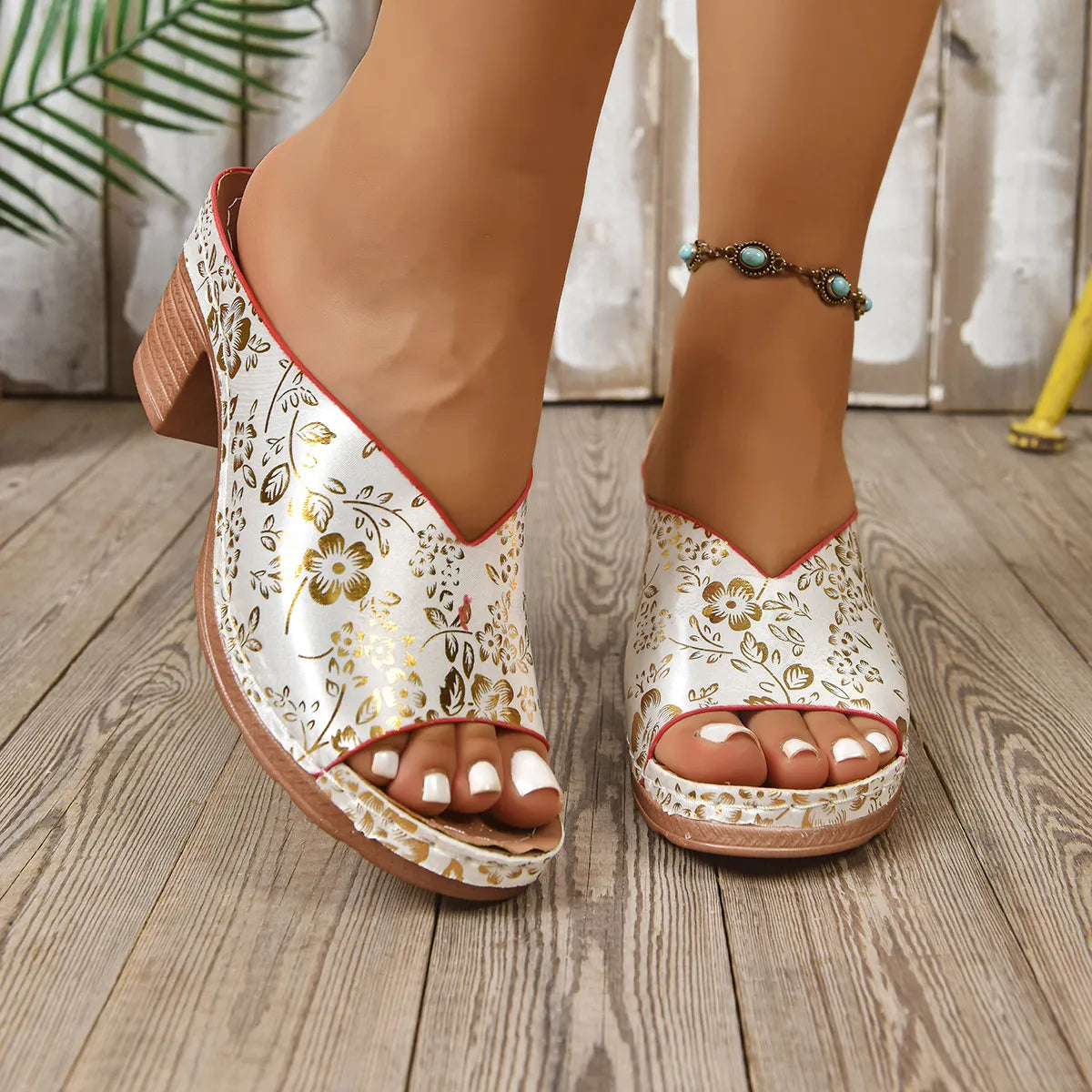 Printed Open Toe Block Heels Sandals